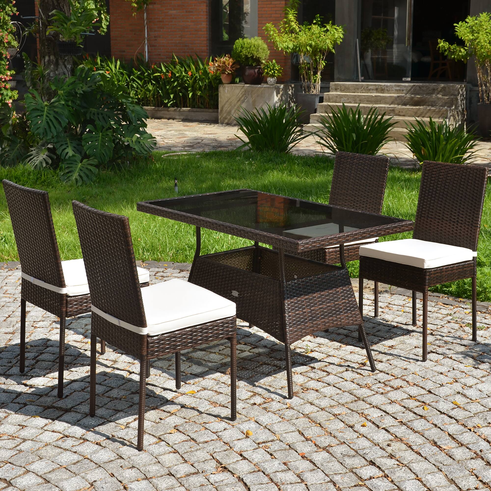 Alt View 1. Costway - 5 PCS Patio Rattan Dining Set Glass Table High Back Chair Garden Deck - mix brown.