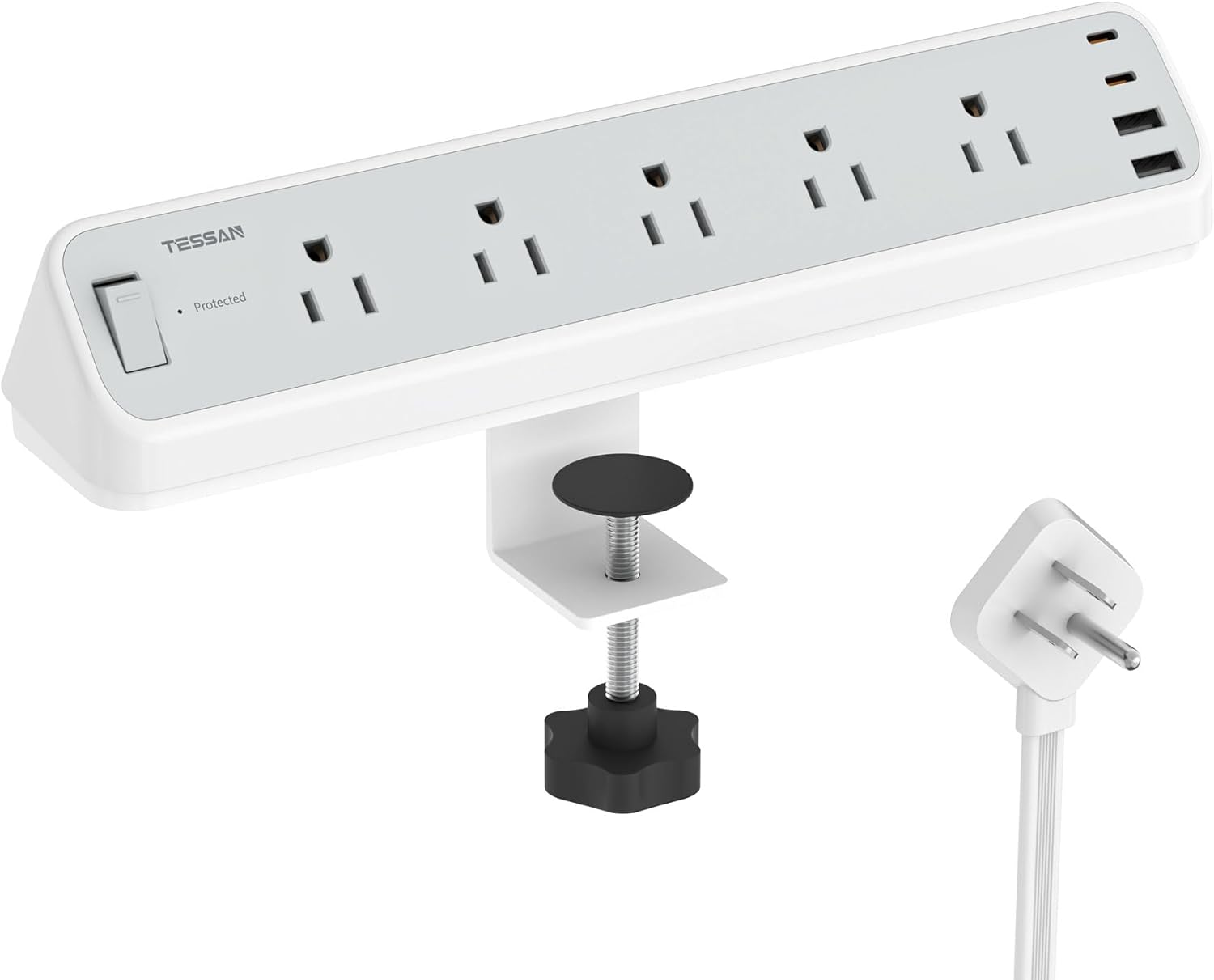 TESSAN - Desk Clamp Power Strip 10 ft with 5 AC Outlets 4 USB Ports and 2100J Surge Protection - Gray
