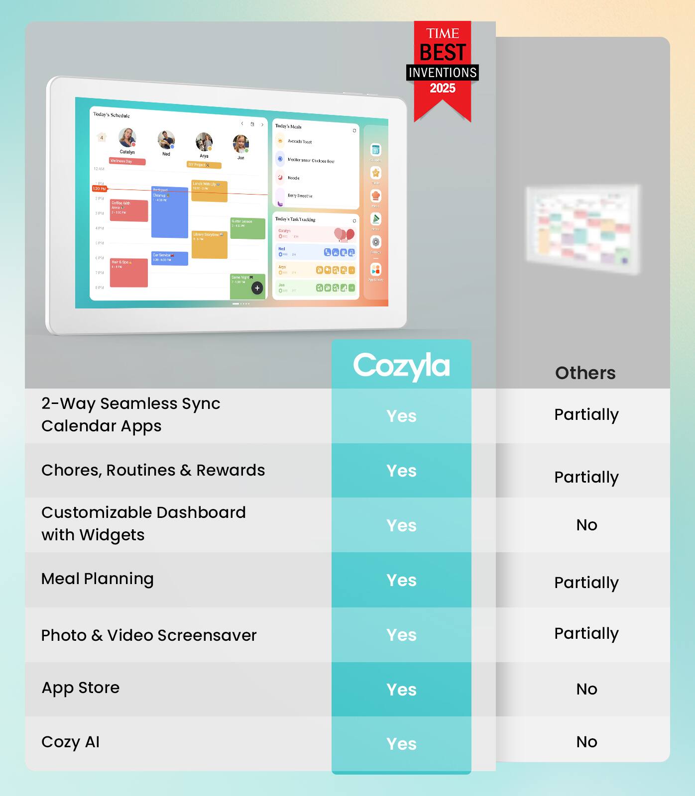 TIME BEST INVENTIONS 2025

Cozyla

- 2-Way Seamless Sync Calendar Apps: Yes
- Chores, Routines & Rewards: Yes
- Customizable Dashboard with Widgets: Yes
- Meal Planning: Yes
- Photo & Video Screensaver: Yes
- App Store: Yes
- Cozy AI: Yes

Others

- 2-Way Seamless Sync Calendar Apps: Partially
- Chores, Routines & Rewards: Partially
- Customizable Dashboard with Widgets: No
- Meal Planning: Partially
- Photo & Video Screensaver: Partially
- App Store: No
- Cozy AI: No