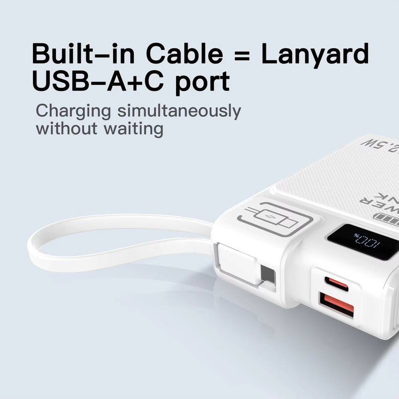 Built-in Cable = Lanyard  
USB-A+C port  
Charging simultaneously without waiting