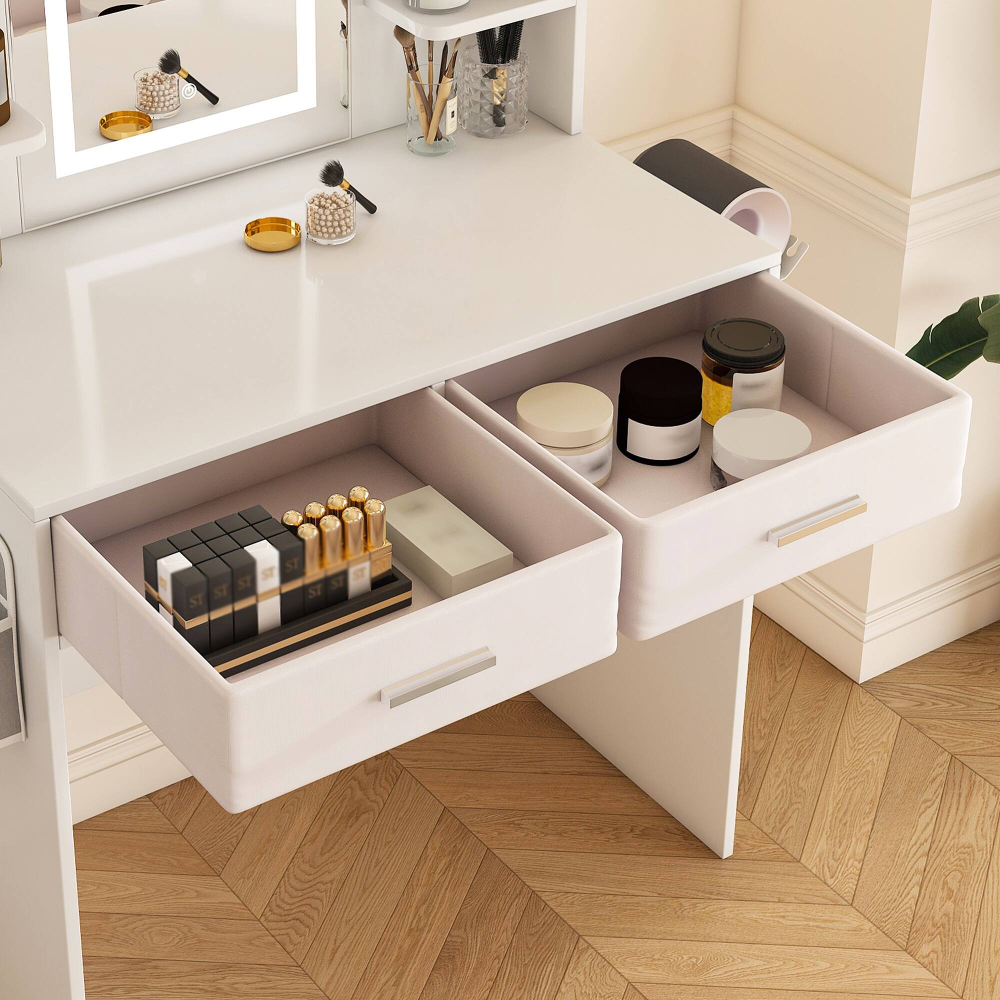 Alt View 4. GOODSILO - Elegant LED Illuminated Vanity Dressing Table with Adjustable Lighting and Storage Solutions - White.