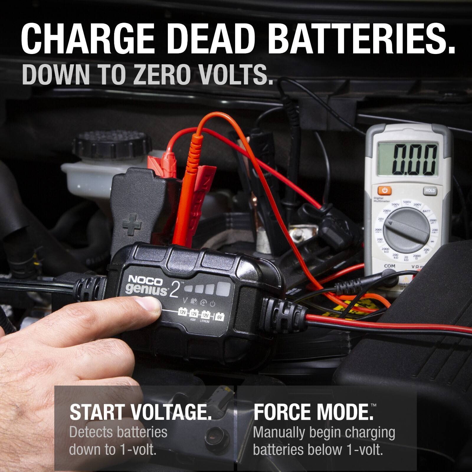CHARGE DEAD BATTERIES DOWN TO ZERO VOLTS.

NOCO genius 2

START VOLTAGE. Detects batteries down to 1-volt.

FORCE MODE. Manually begin charging batteries below 1-volt.
