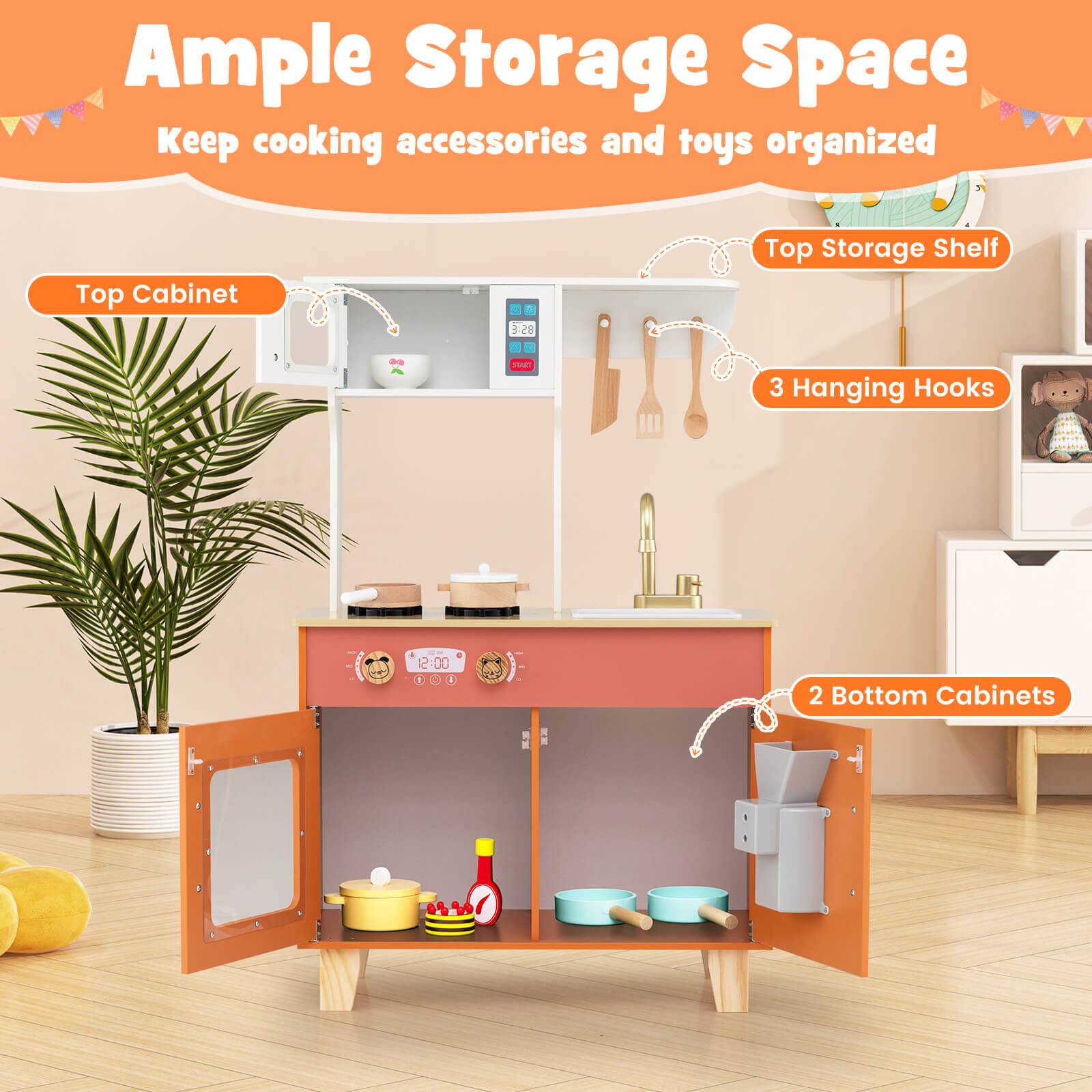 Ample Storage Space  
Keep cooking accessories and toys organized

- Top Cabinet
- Top Storage Shelf
- 3 Hanging Hooks
- 2 Bottom Cabinets