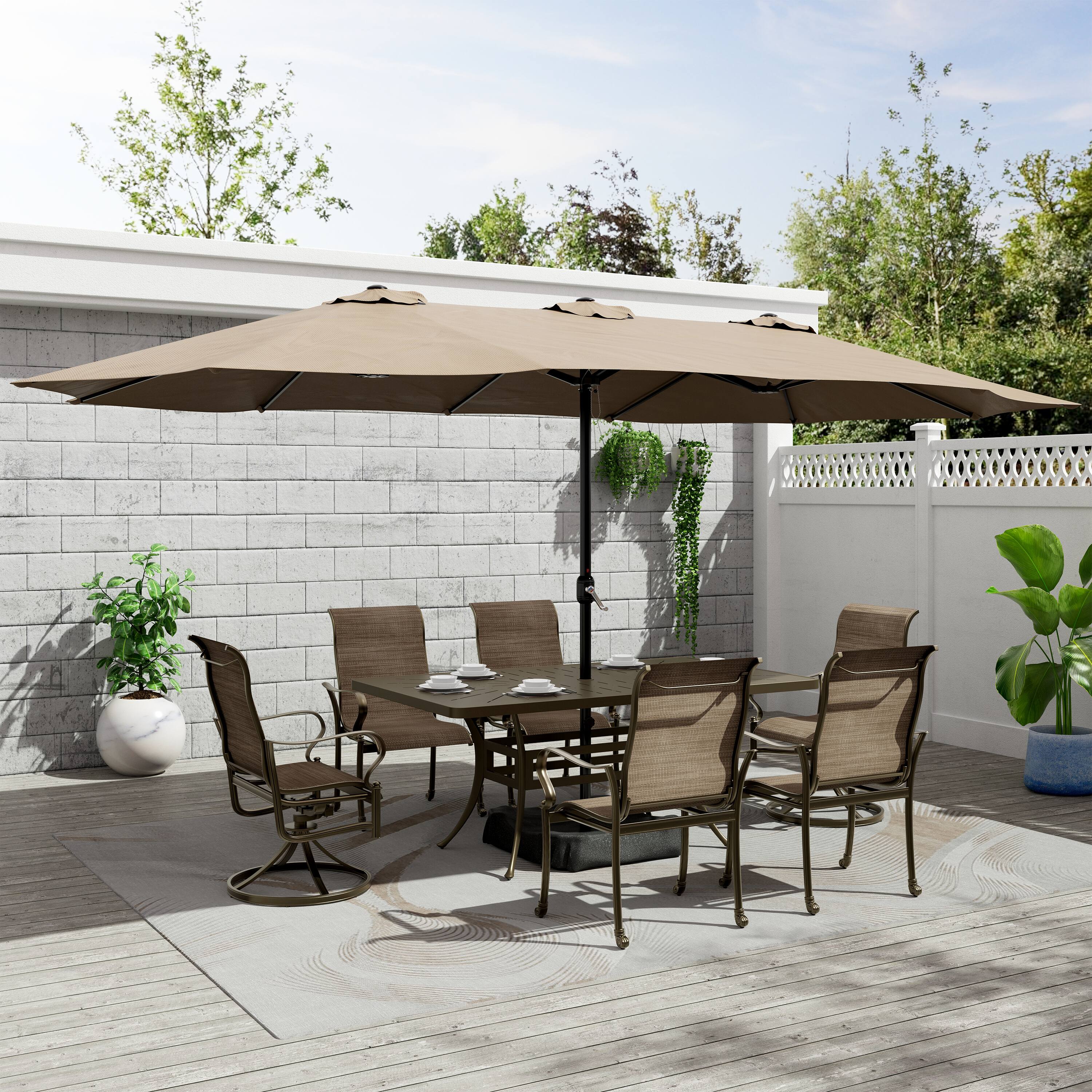 Left. Mondawe - 7 Piece Outdoor Patio Dining Set with 72" Rectangular Table and Cushioned Seating - Black+Brown.