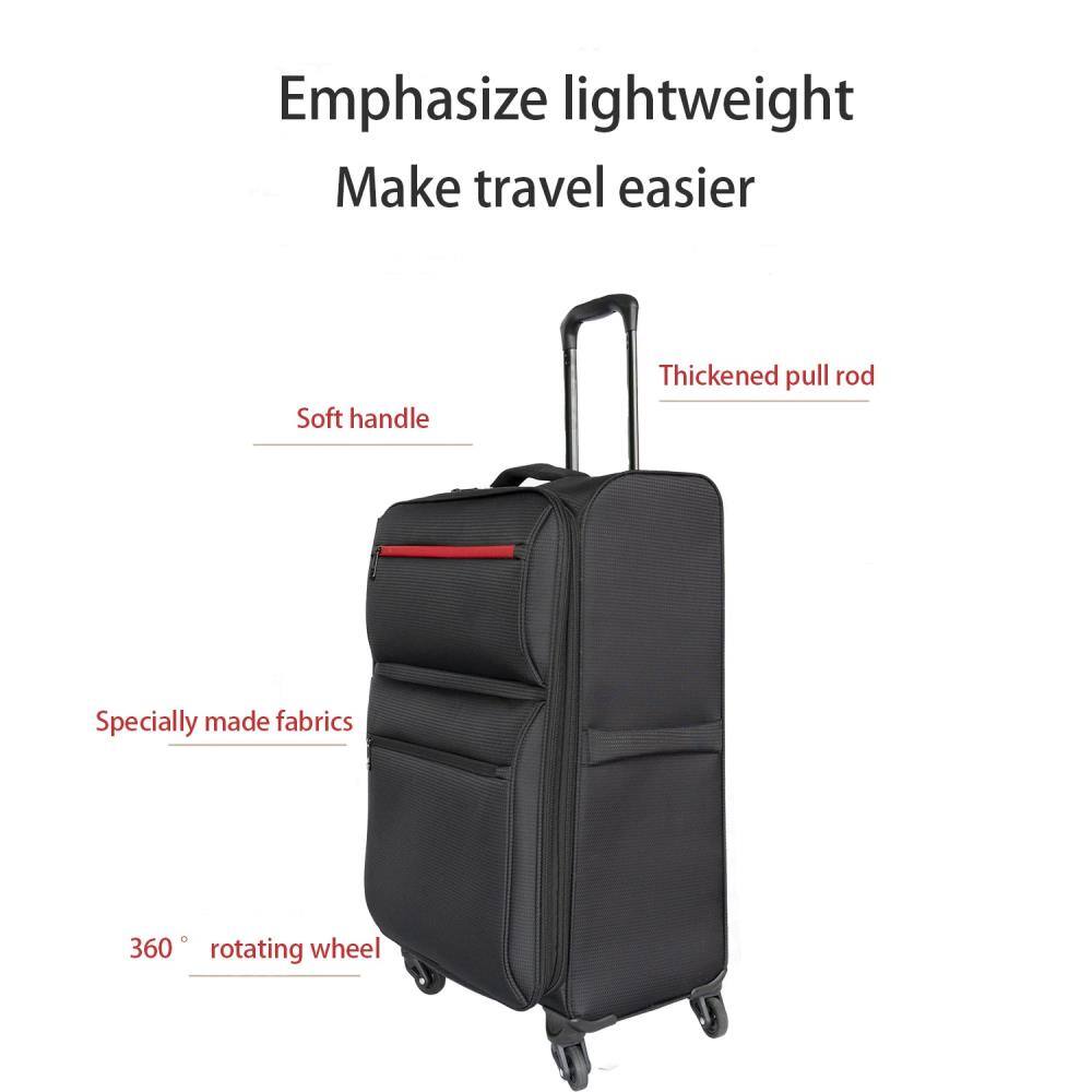 Emphasize lightweight  
Make travel easier  

- Soft handle  
- Thickened pull rod  
- Specially made fabrics  
- 360° rotating wheel