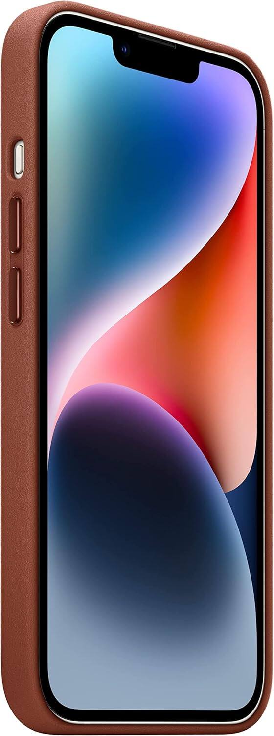 Left. Apple - Apple iPhone 14 Leather Case with MagSafe - Umber - Umber.