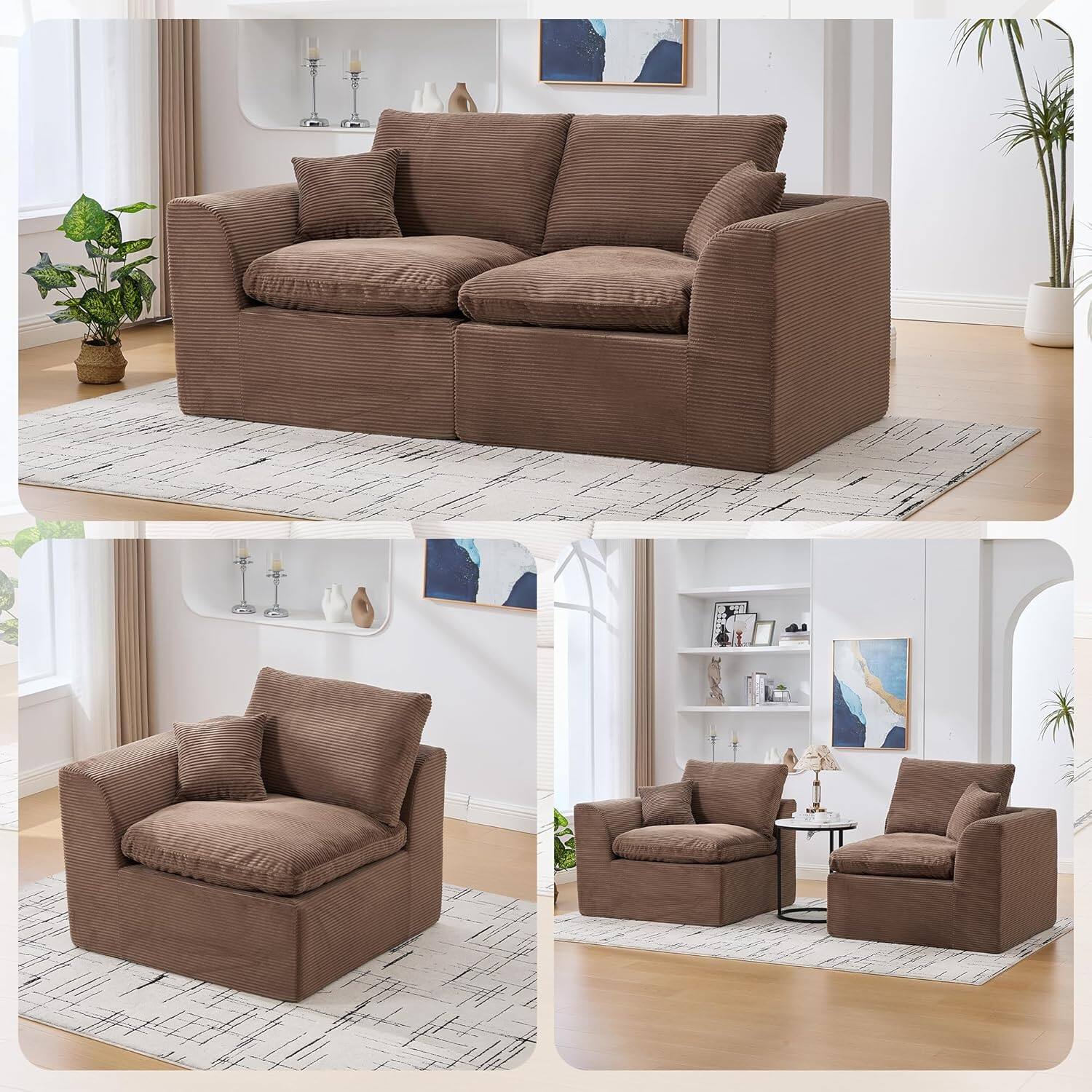 Trinkets Crazed - Modular Sectional Sofa Cloud Couch 2 Seater with Removable Cushion Covers - Brown