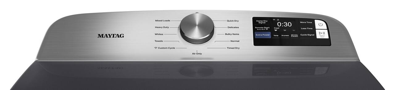 MAYTAG  
Mixed Loads  
Heavy Duty  
Whites  
Towels  
Custom Cycle  
Air Only  
Quick Dry  
Delicates  
Bulky Items  
Normal  
Timed Dry  
Only  

Damp Dry  
Remote Start  
Extra Power  
More Time  
Less Time  
Cycle Signal  
Cool  
Dryness  
Temp  
Wind Speed  
0:30  
0:30