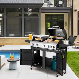 U-HOMY - Propane Gas Grill with Pizza Oven and Side Burner, Removable Grates, Shelf & Cabinet for Outdoor Cooking - 5+1 Burner