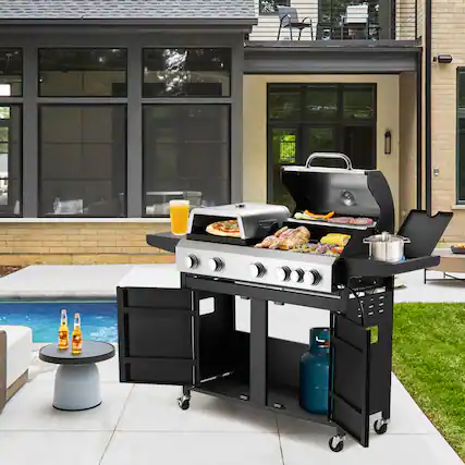 Front. U-HOMY - Propane Gas Grill with Pizza Oven and Side Burner, Removable Grates, Shelf & Cabinet for Outdoor Cooking - 5+1 Burner.