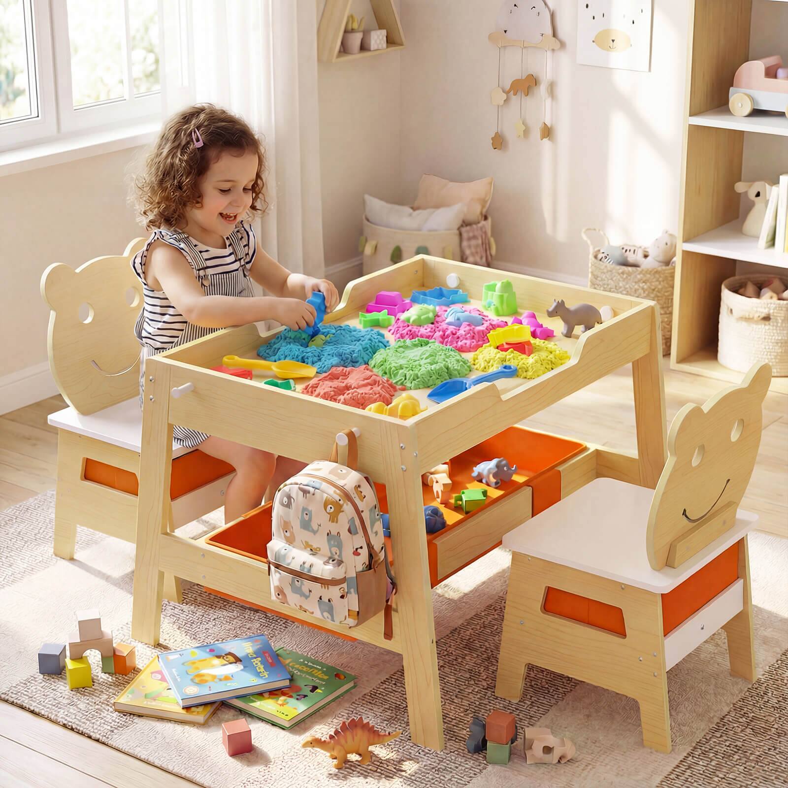 Alt View 4. Costway - Costway 5-in-1 Kids' Table & Chair Set with Chalkboard, Whiteboard, 3 Storage Bins, 4 Hooks - Natural,White,Orange.