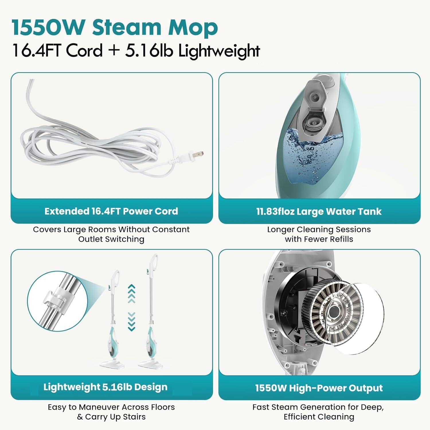 1550W Steam Mop  
16.4FT Cord + 5.16lb Lightweight  

Extended 16.4FT Power Cord  
Covers Large Rooms Without Constant Outlet Switching  

11.83floz Large Water Tank  
Longer Cleaning Sessions with Fewer Refills  

Lightweight 5.16lb Design  
Easy to Maneuver Across Floors & Carry Up Stairs  

1550W High-Power Output  
Fast Steam Generation for Deep, Efficient Cleaning