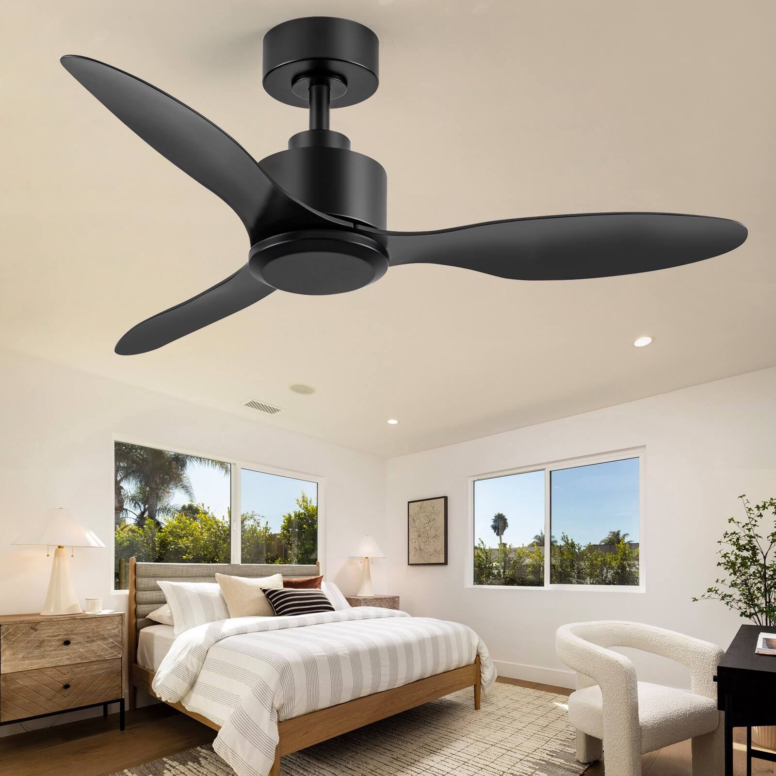 Angle. Breezary - 42" Modern Indoor Ceiling Fan, 3 ABS Blades, 6-Speed DC Motor, Remote Control, Timer, 5'' Downrod, Light/No Light Option - Matte Black (Without Light).
