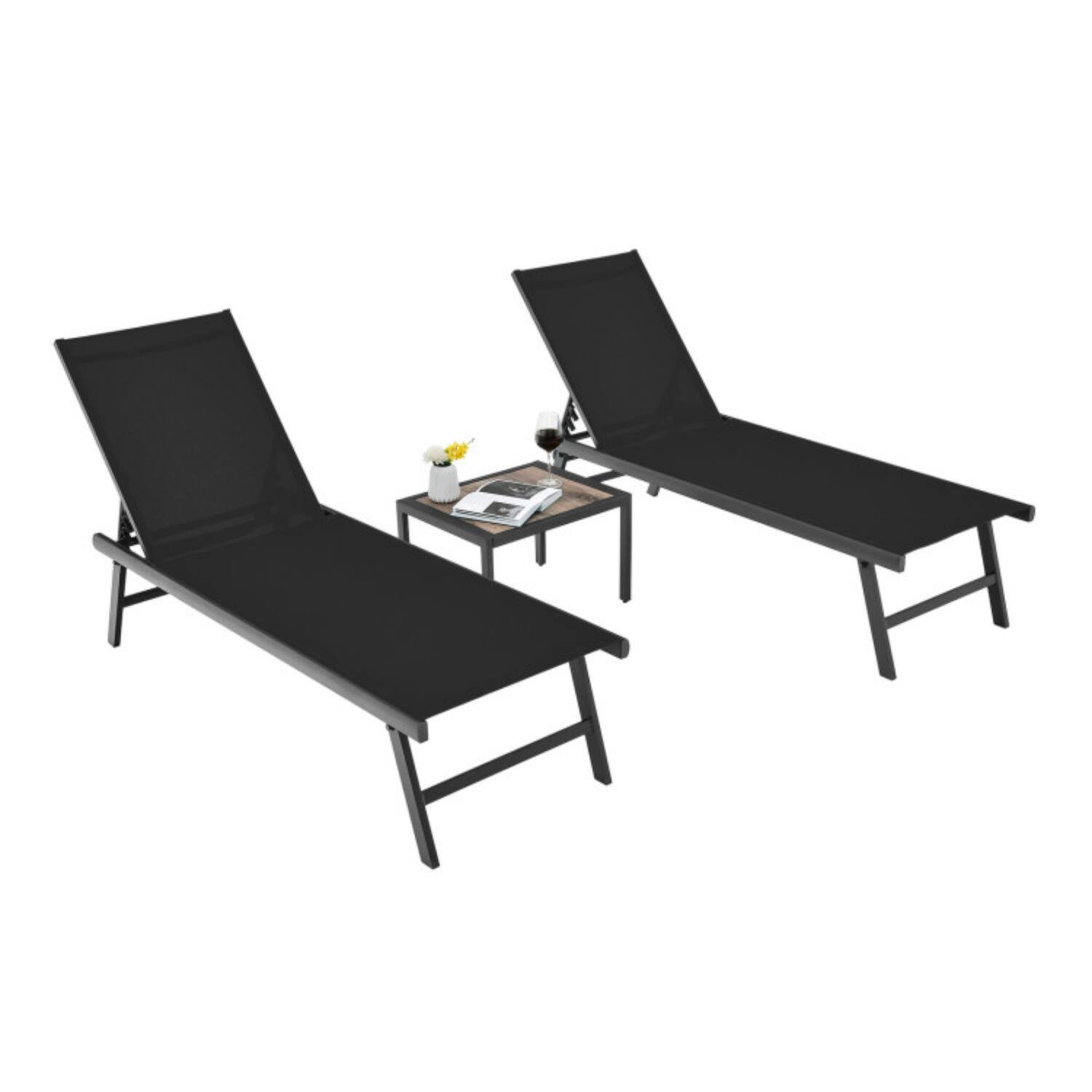 Alt View 4. Mondawe - 3 Pcs Patio Chaise Lounge Set w 2 Chairs & Table 6-Level Backrest Aluminum Frame for Poolside - Black.