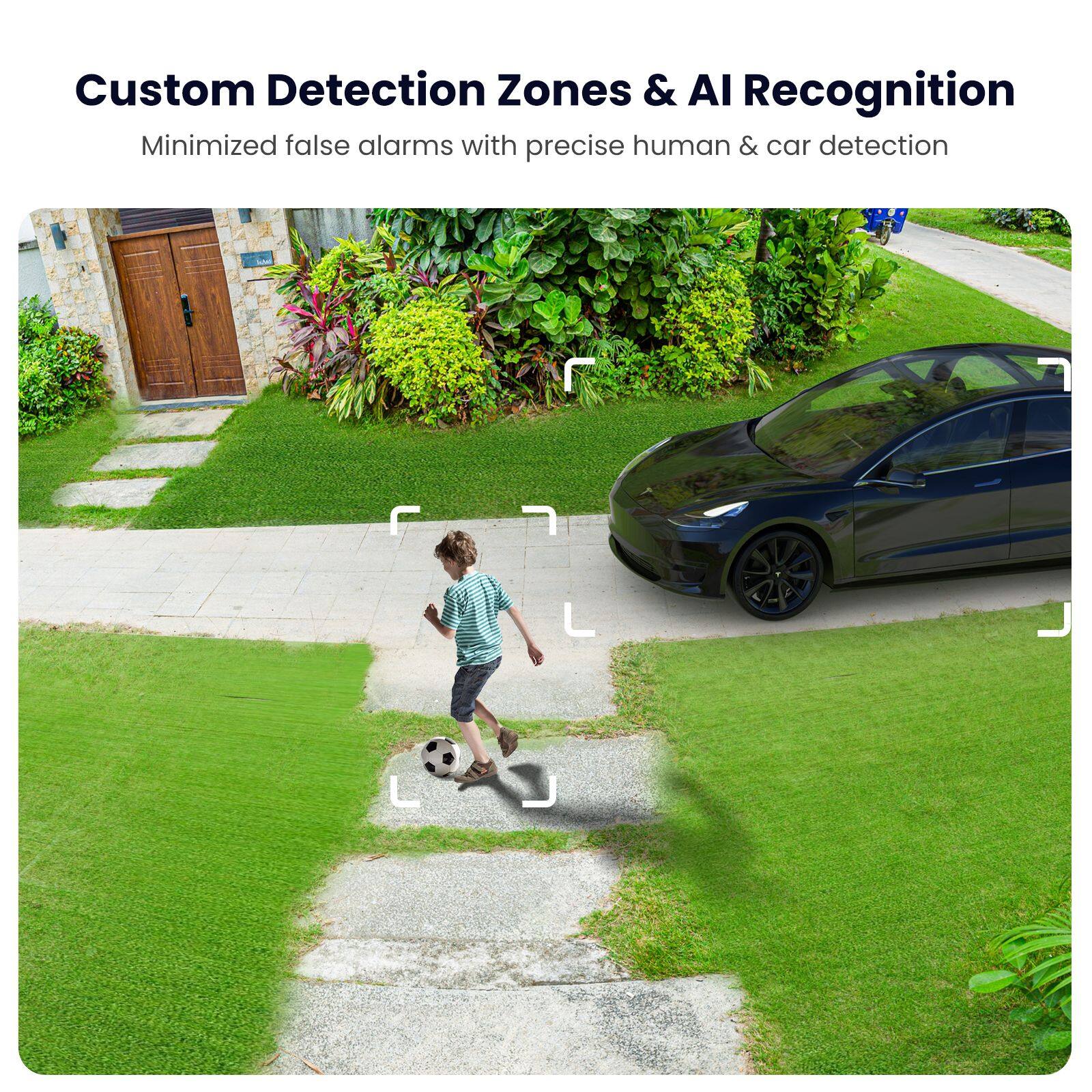 Custom Detection Zones & AI Recognition  
Minimized false alarms with precise human & car detection