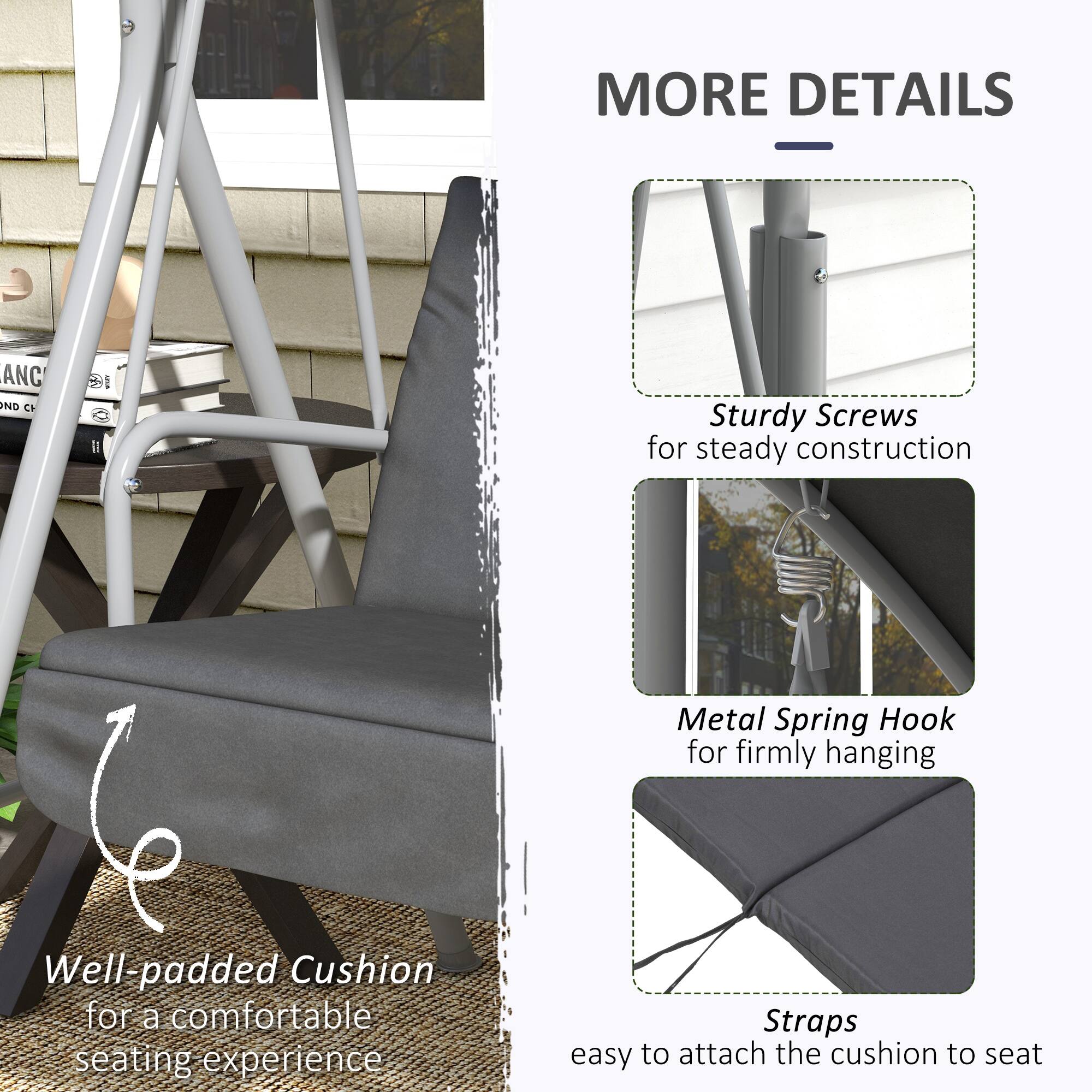 MORE DETAILS

Sturdy Screws for steady construction
Metal Spring Hook for firmly hanging
Well-padded Cushion for a comfortable seating experience
Straps easy to attach the cushion to seat