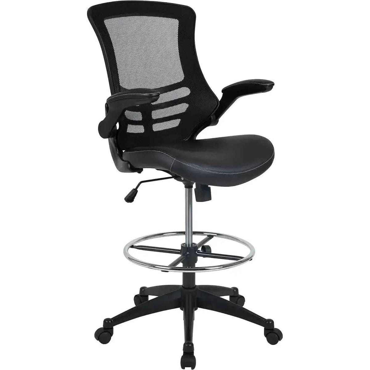 Back. Emma + Oliver - Mid-Back Mesh Ergonomic Drafting Chair with Foot Ring and Flip-Up Arms - Blue Mesh/Black Frame.