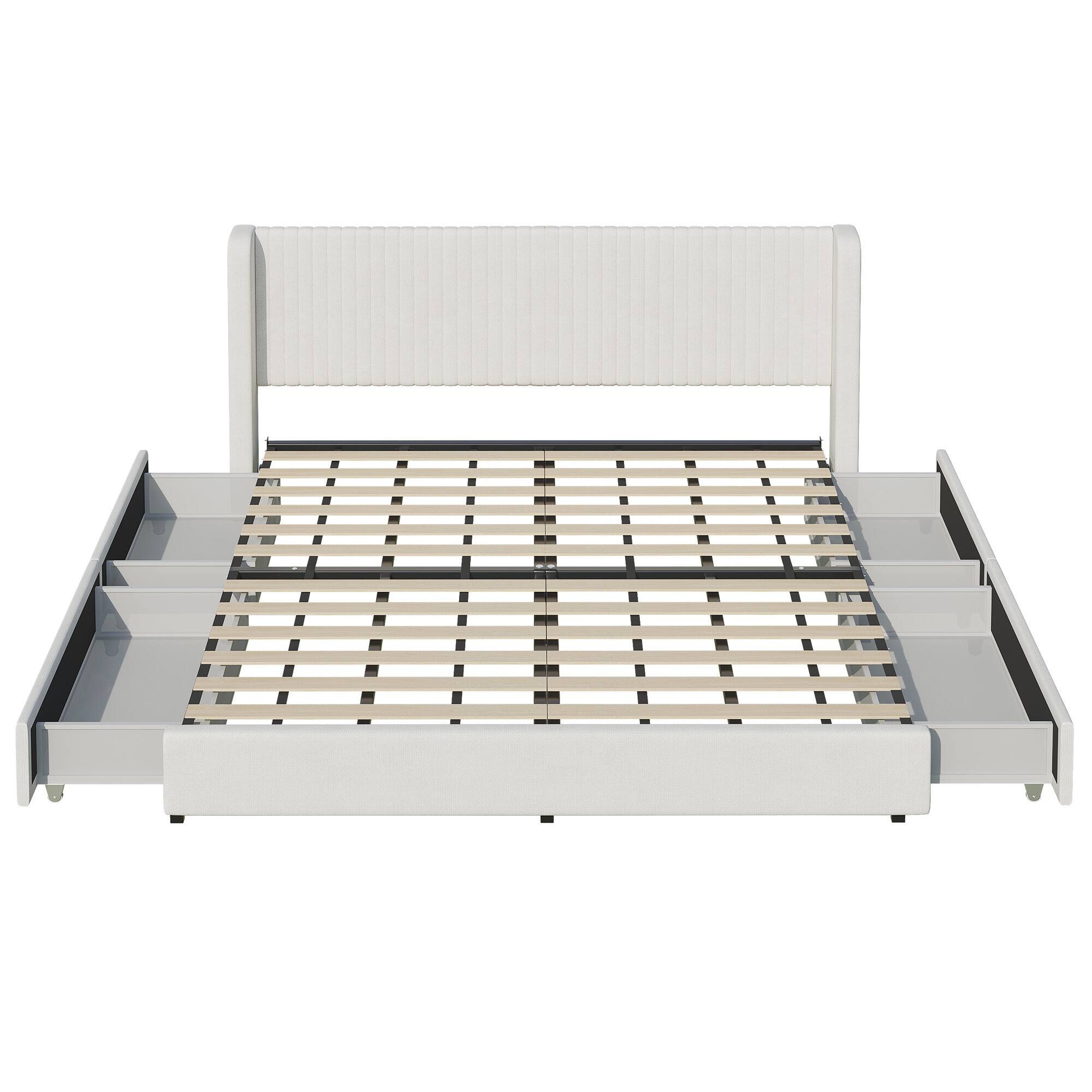 Angle. Brick Attic - 800lbs Upholstered Wingback Platform Bed with Drawers Storage,  Solid Wood Frame and 4 Clear Nylon Drawers - White.