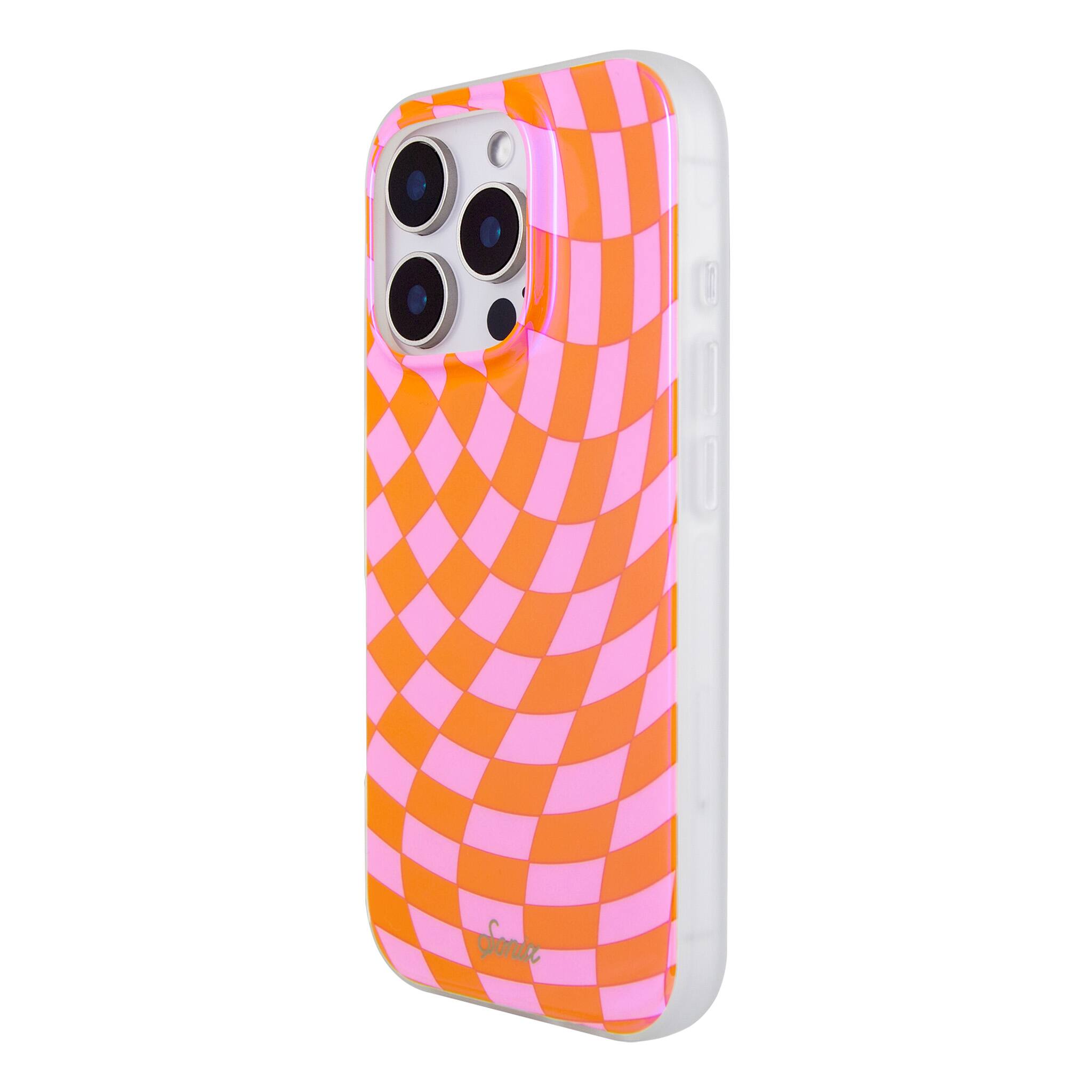 Left. Sonix - iPhone 16 Pro Case Checkmate Pink & Orange - Pink.