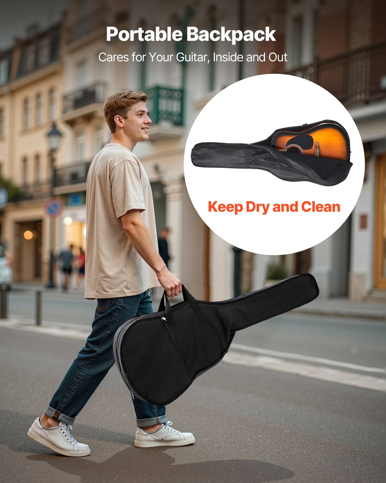 Portable Backpack  
Cares for Your Guitar, Inside and Out  

Keep Dry and Clean
