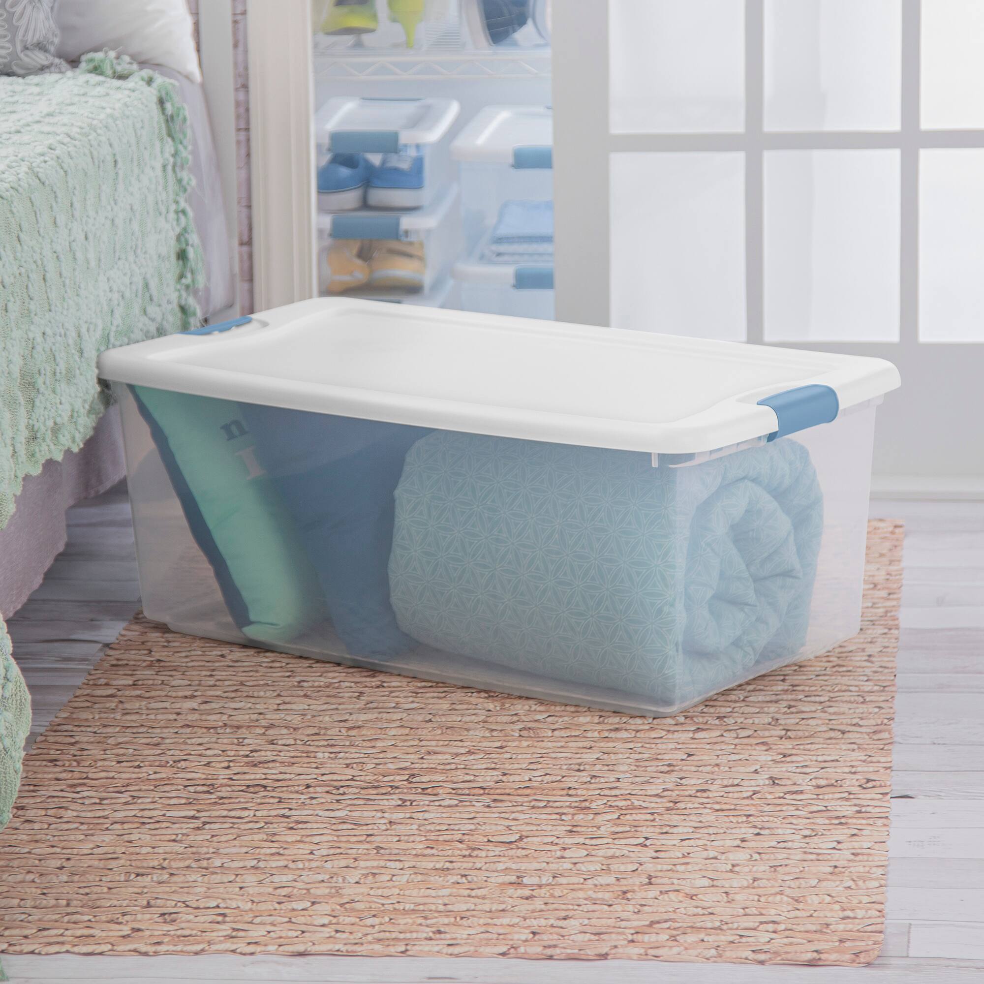 Alt View 5. Sterilite - Sterilite 106 Qt Clear Plastic Stackable Storage Bin w/ White Latch Lid, 8 Pack.