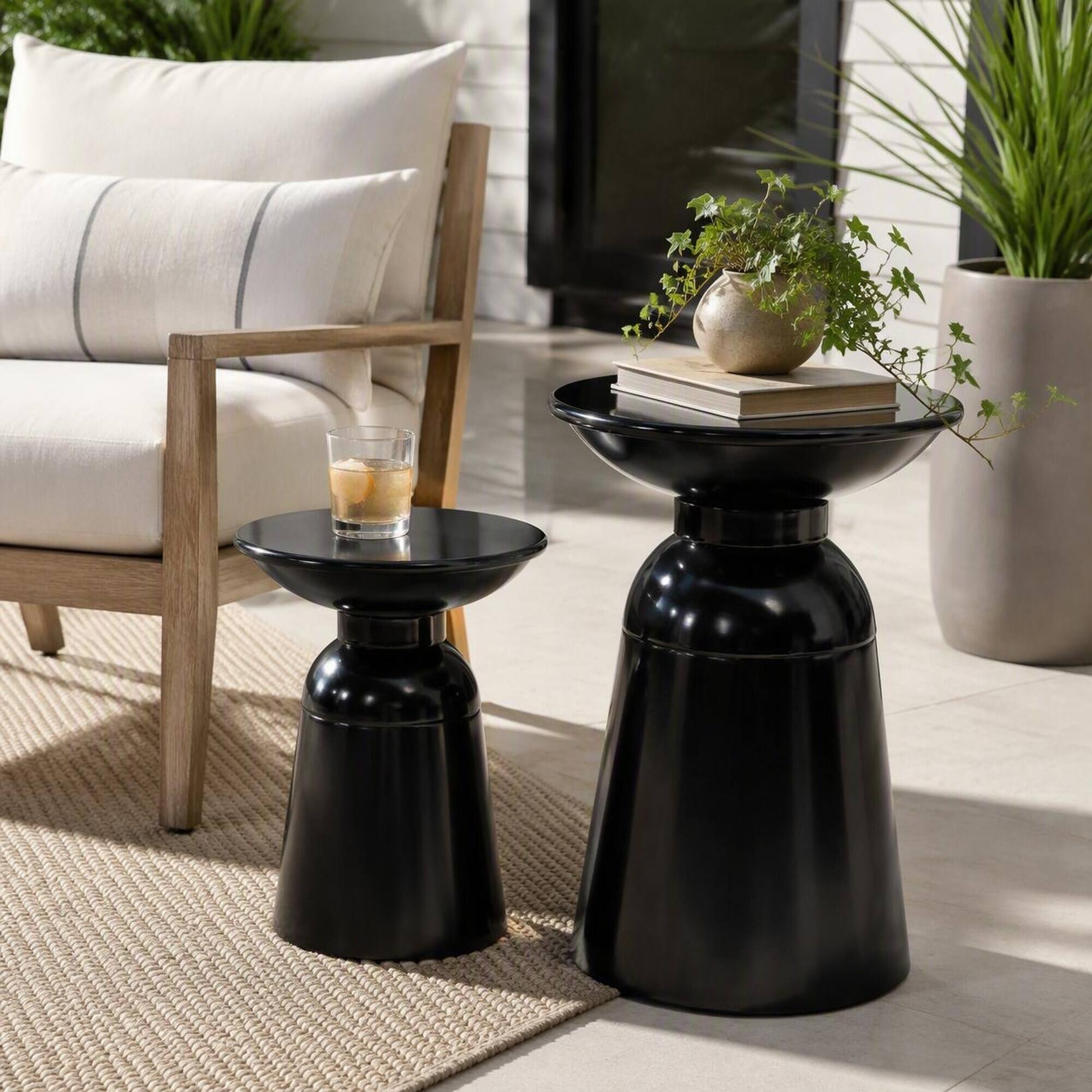 Left. RYHNUYNE - Outdoor Iron Side Table Set of 2 with Flared Pedestal Base, Black Powder-Coated Finish for Patio - Black.
