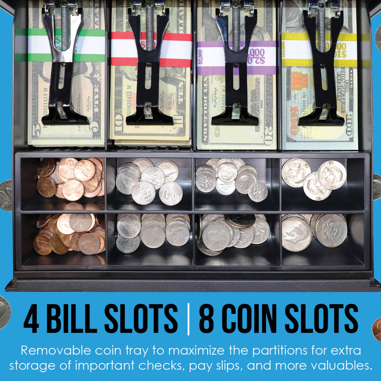 M 0021413 P 1 $ : FLAVIE M 00021413 $ P 1 DELA ME $2,000 I  STYDOLAIS T  000 $2,0   I 20 Oaa2 oneiore 00 PM 000021 I : I 00 $10  TMA DABONEY TXEEE SURER  KOTDH 1D0 4 BILL SLOTS | 8 COIN SLOTS Removable coin tray to maximize the partitions for extra storage of important checks, pay slips, and more valuables.