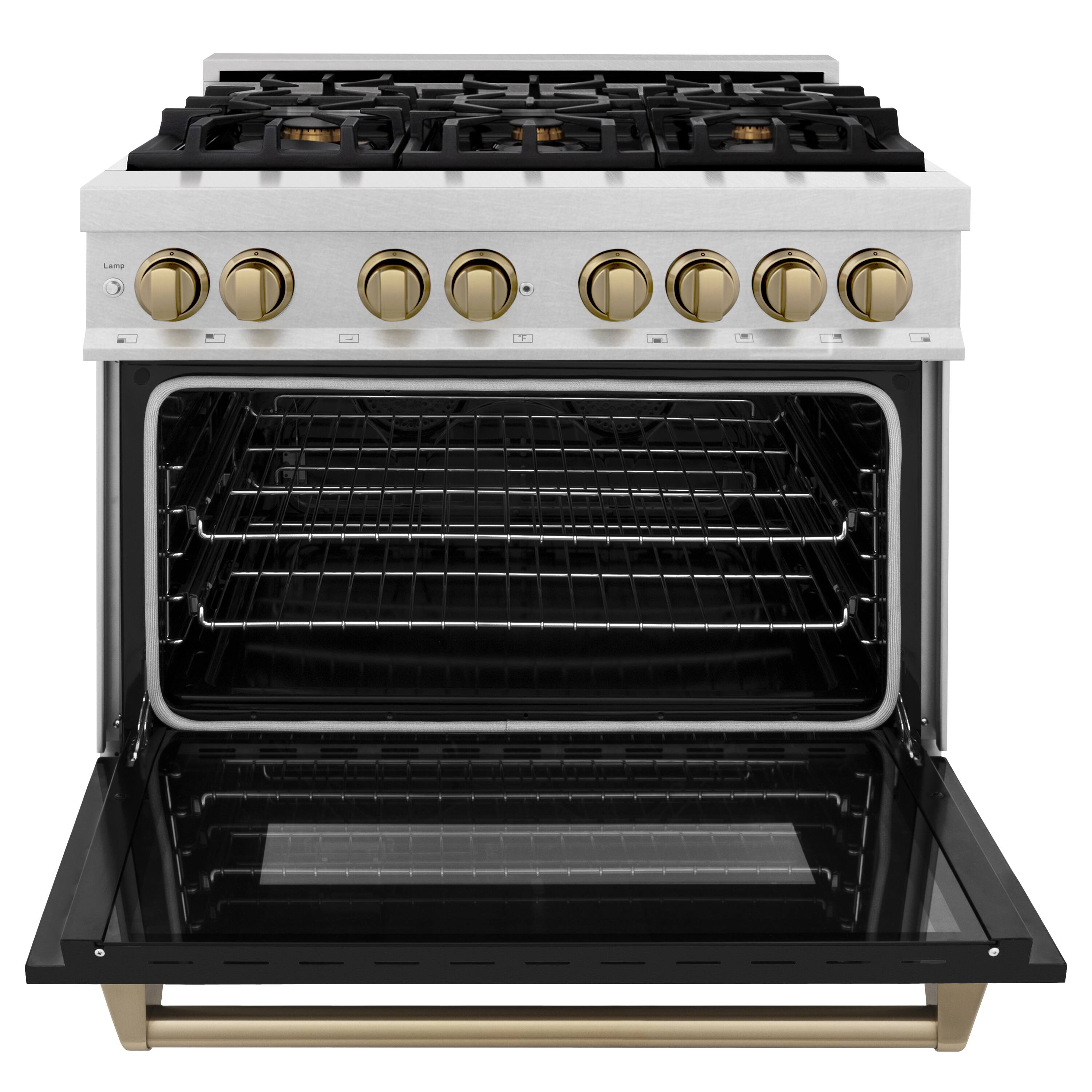 Angle. ZLINE - ZLINE Autograph 36 in. Legacy Dual Fuel Range in Satin Steel w/ Black & Bronze Accents (RASZ-BLM-36-CB) - Black Matte.