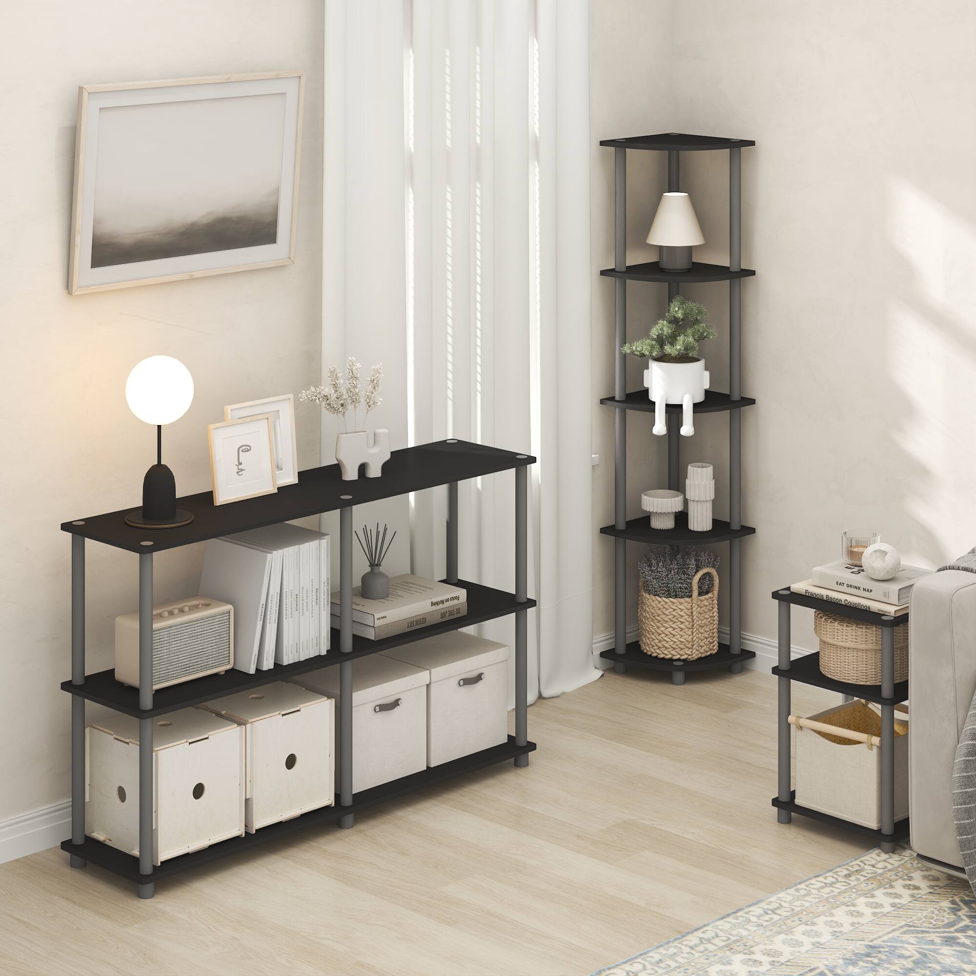 The text in the image is not clearly visible or legible. However, based on the context and common items in such settings, here is a plausible grouping and correction:

1. On the left shelf:
   - "The Art of Living"

2. On the right shelf:
   - "The Art of Living"

3. On the books:
   - "The Art of Living"

4. On the small framed item on the left shelf:
   - "The Art of Living"

These are assumptions based on the visible text and common themes in such settings. If you have a clearer image or specific text you need help with, please provide more details.