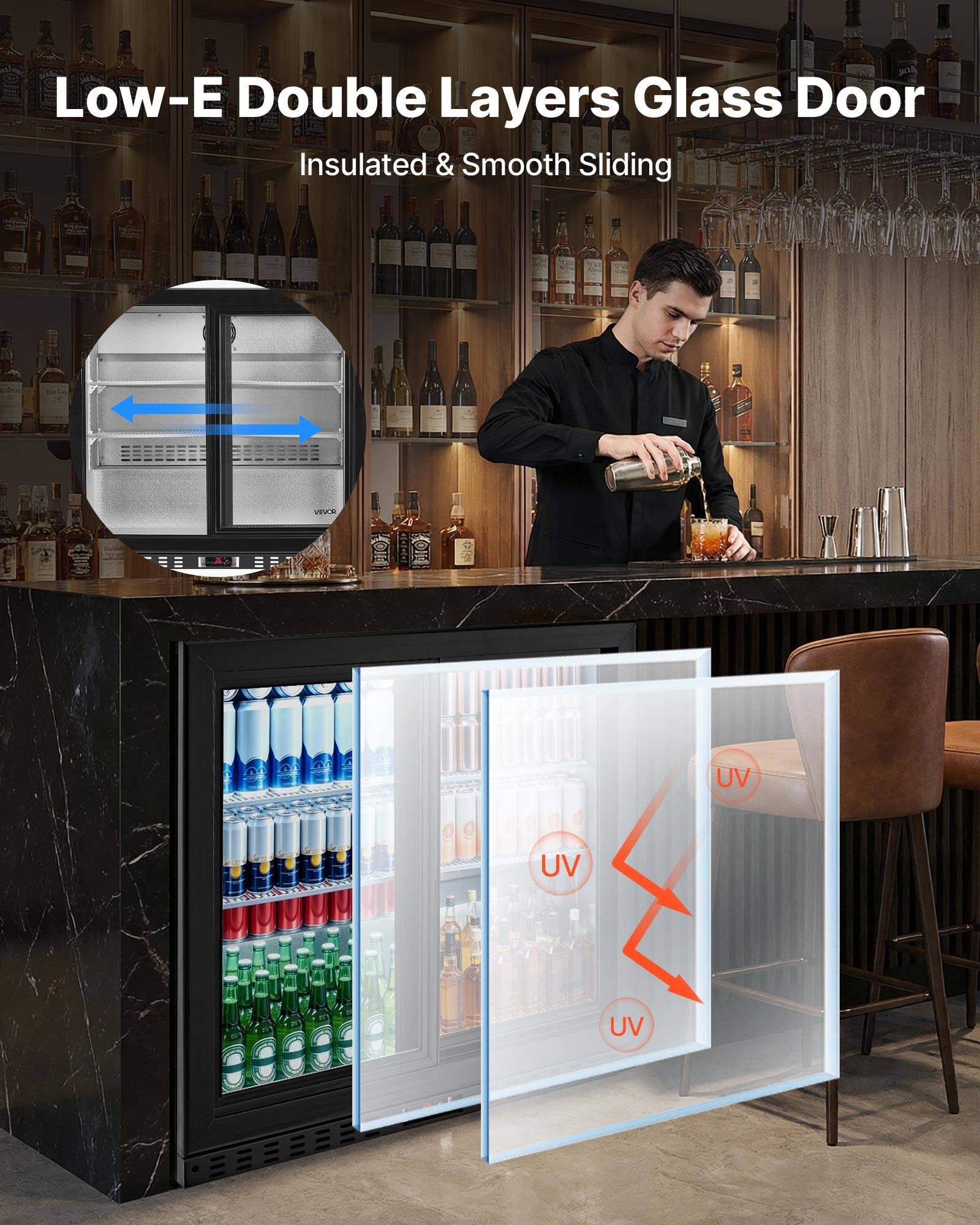 Low-E Double Layers Glass Door  
Insulated & Smooth Sliding