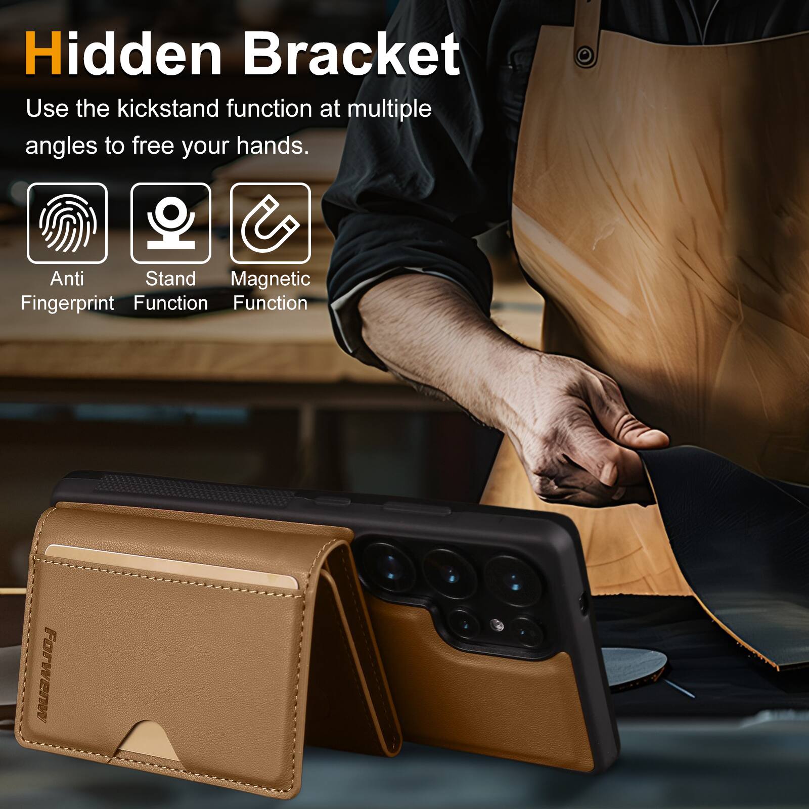 Hidden Bracket  
Use the kickstand function at multiple angles to free your hands.  

Anti Fingerprint Function  
Stand Function  
Magnetic Function