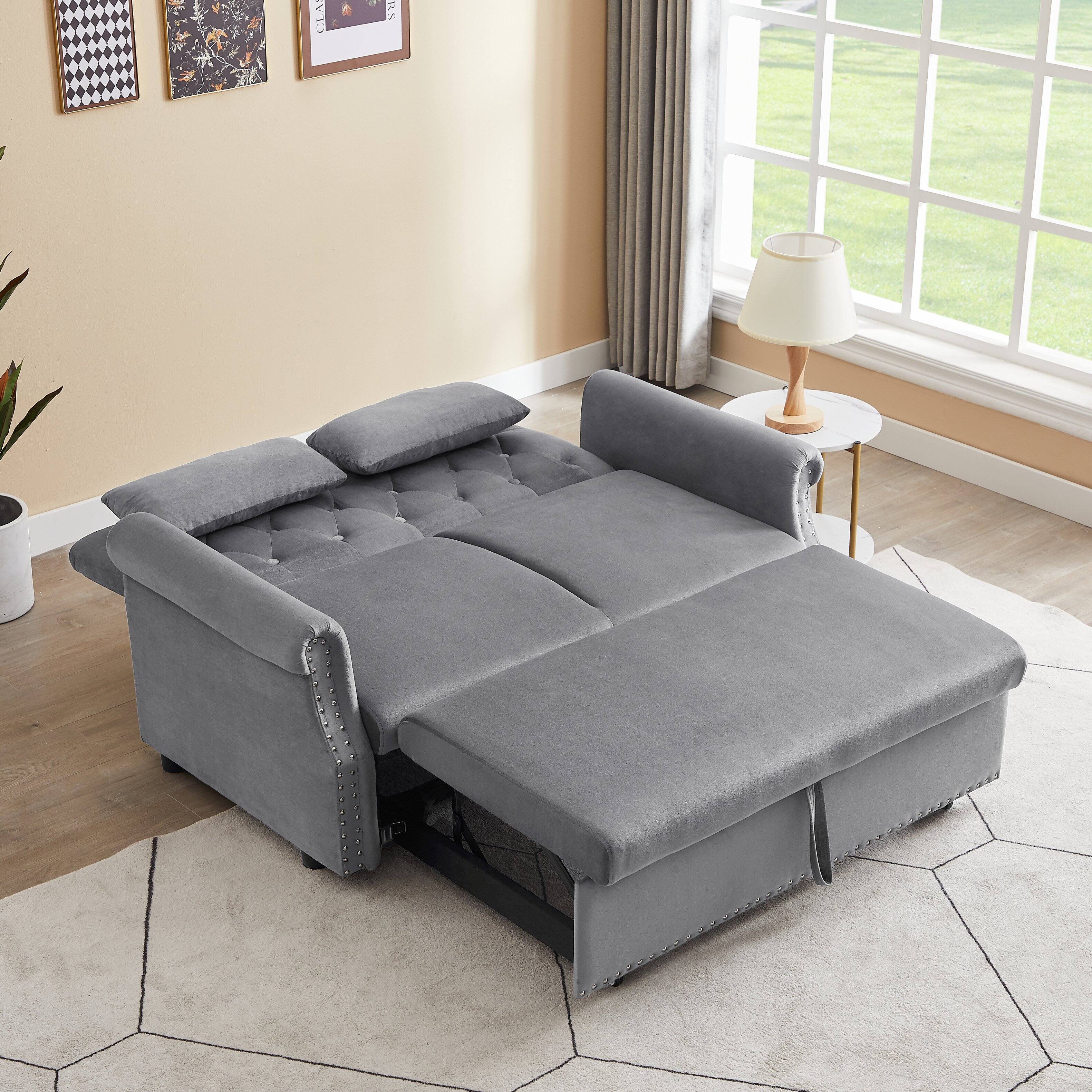 Left. Tiramisubest - Modern Velvet Convertible Loveseat Sleeper Sofa with 2 Lumbar Pillows,Adjustable Pull-Out Bed,Removable Armrest,Gray - Gray.