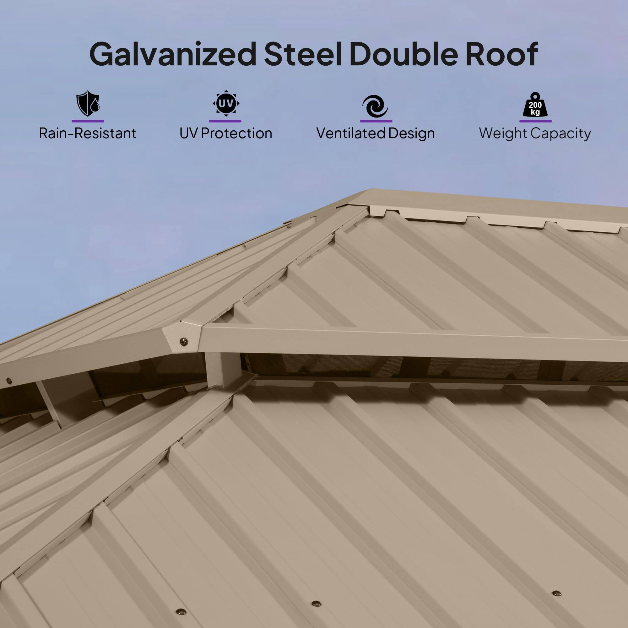 Galvanized Steel Double Roof  
- Rain-Resistant  
- UV Protection  
- Ventilated Design  
- Weight Capacity: 200 kg