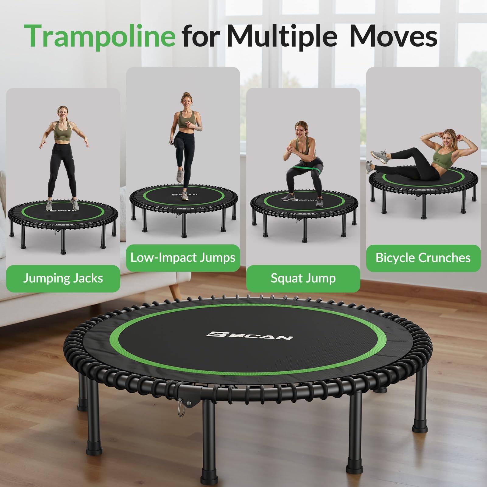 Trampoline for Multiple Moves

- Jumping Jacks
- Low-Impact Jumps
- Squat Jump
- Bicycle Crunches