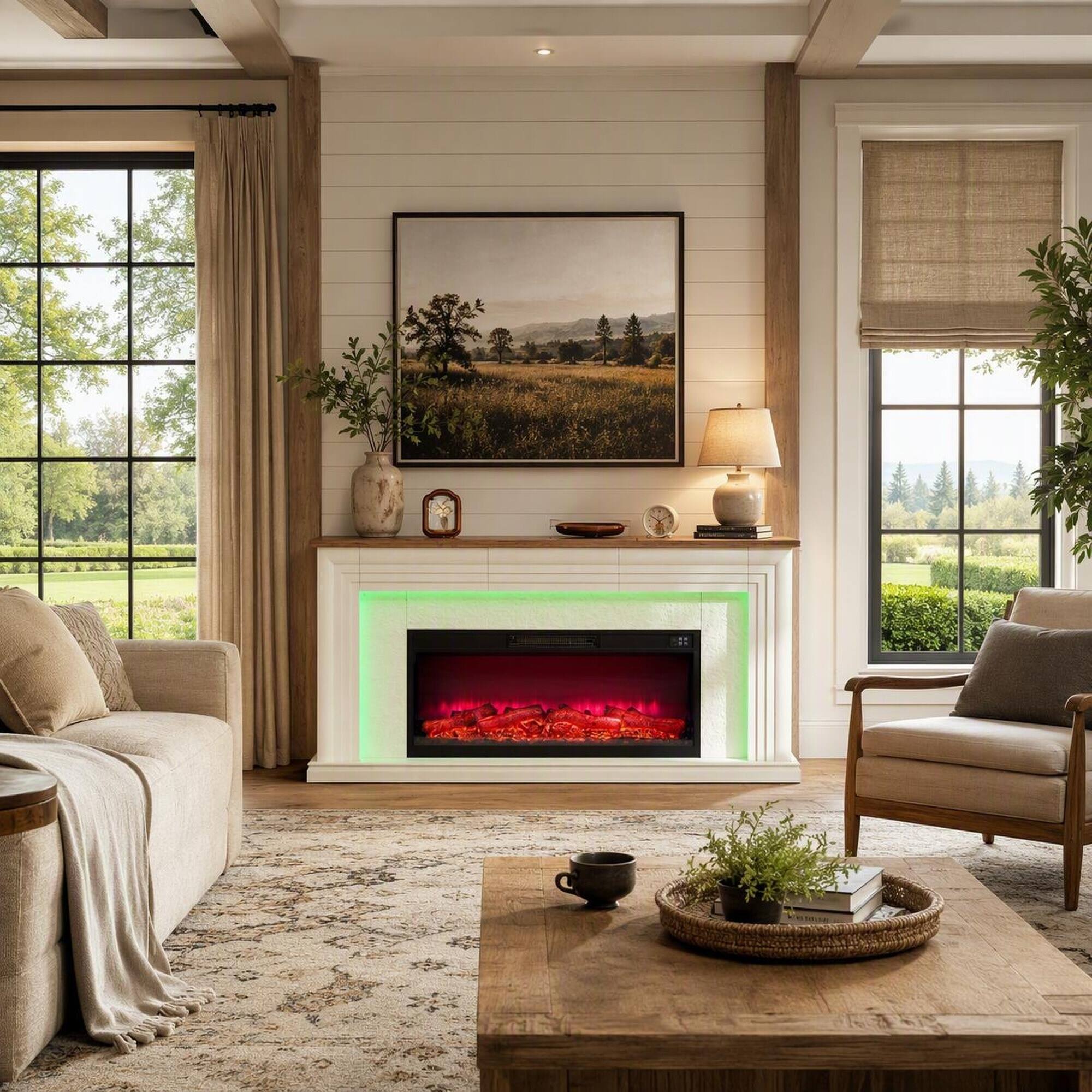 Angle. RYHNUYNE - 42-inch Recessed Electric Fireplace Insert with Adjustable Flame Colors, Touch Panel and Remote, 750/1500W Heater - Black.