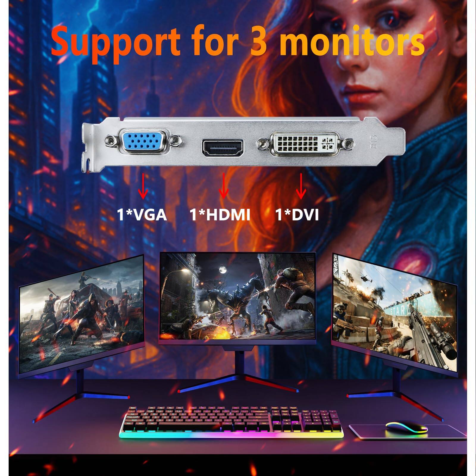 Support for 3 monitors  
1*VGA  
1*HDMI  
1*DVI