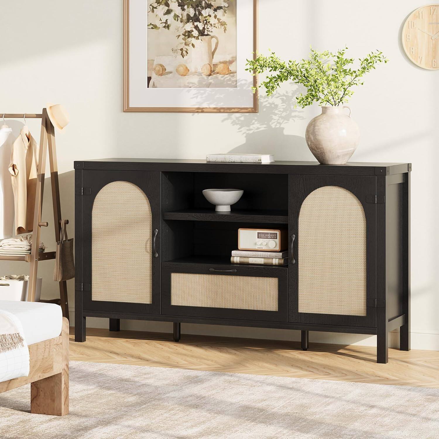 Front. Jojoka - 47.2 inch Rattan Buffet Cabinet with Storage, Kitchen Coffee Bar Cabinet with Doors and Drawer - Black.