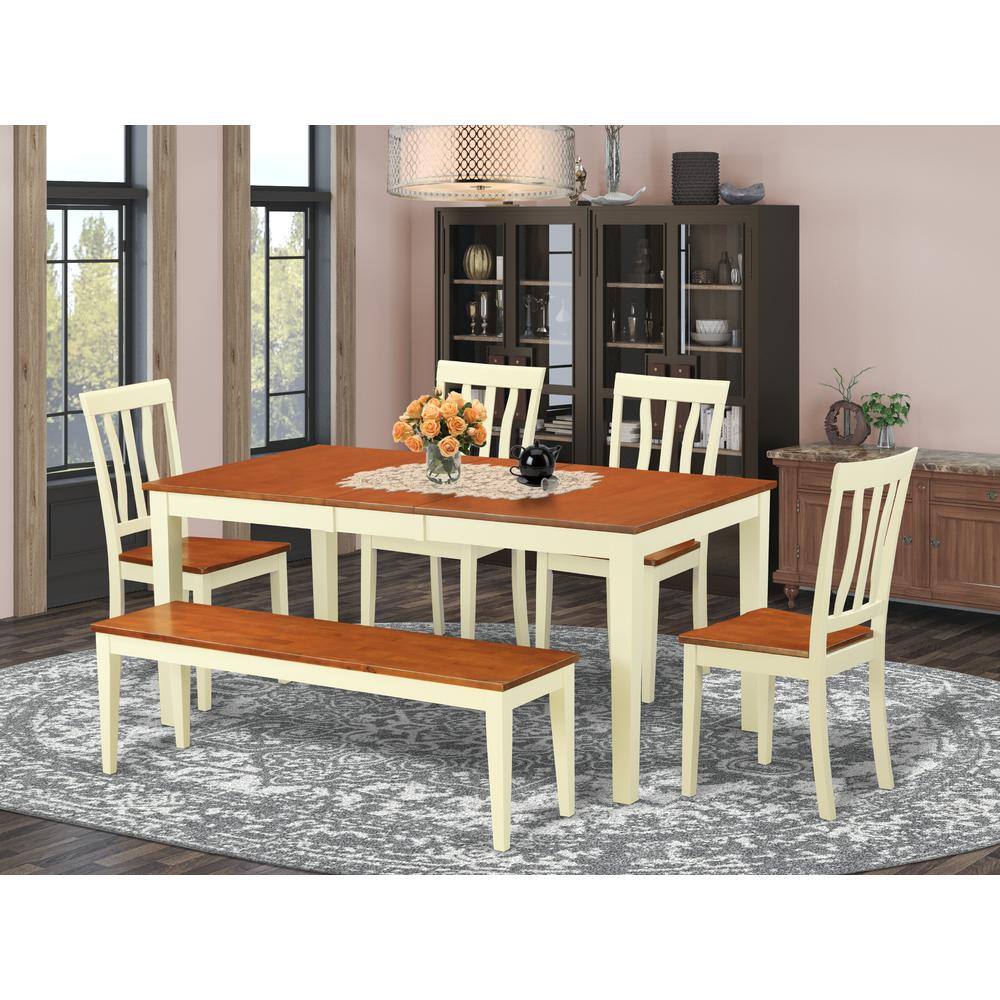 Alt View 2. East West Furniture - 6-Pc Table and chair set - Kitchen Table and 4 Dining Chairs together with Bench - Buttermilk & Cherry.