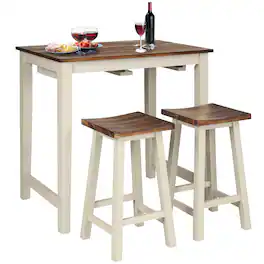 Costway - 3-Piece Bar Table Set Counter Pub Table& 2 Saddle Bar Stools w/ Hanging Design - Beige/Brown