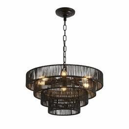 RYHNUYNE - Handcrafted 20-Inch Boho Pendant Light with Natural Hemp Rope and Black Iron Frame, 4-Tier Design