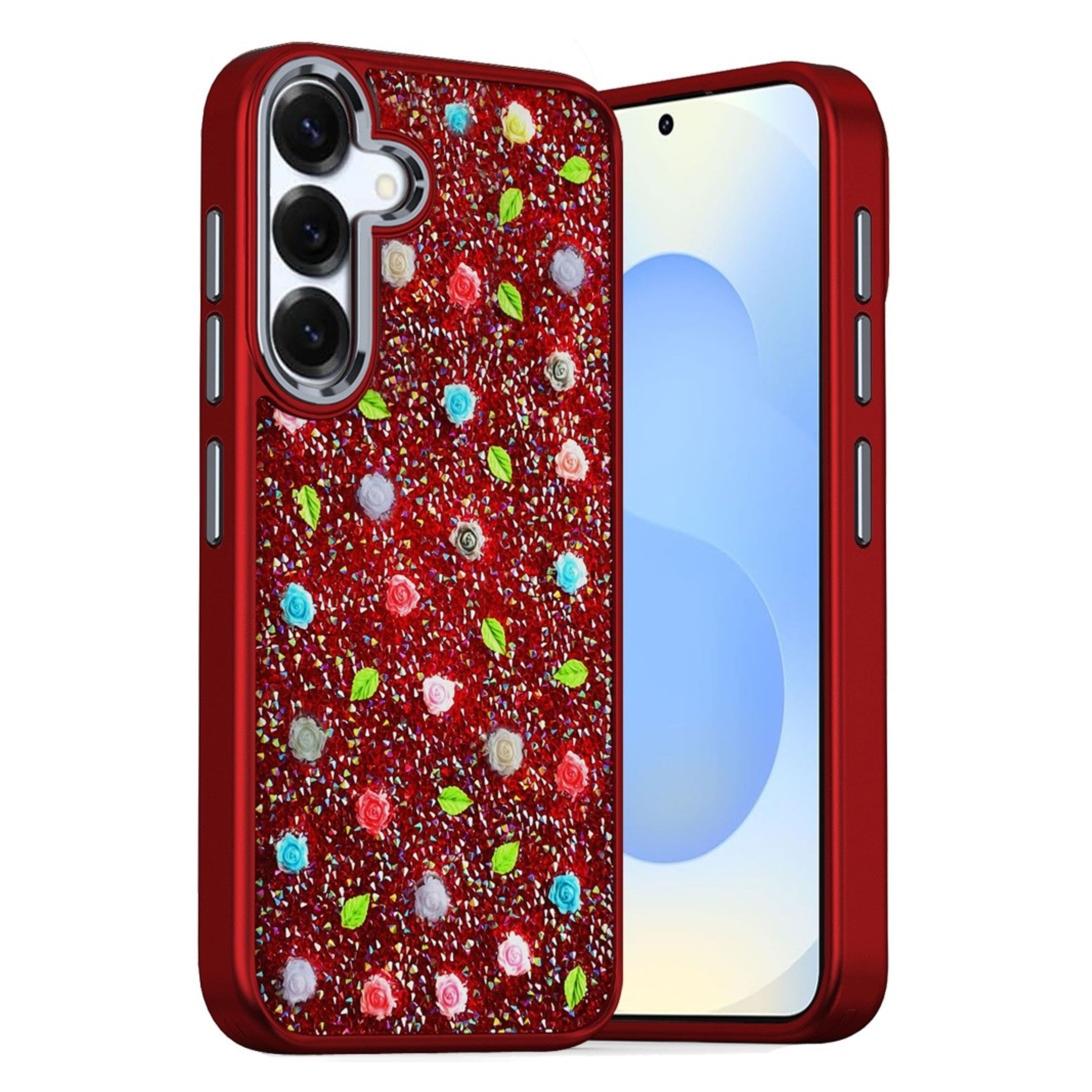 Kitcheniva - Tiny Rose Glitter Design Phone Case With Tempered Glass For Samsung Galaxy S25+/S24+ - Red price history on PriceWatchPro