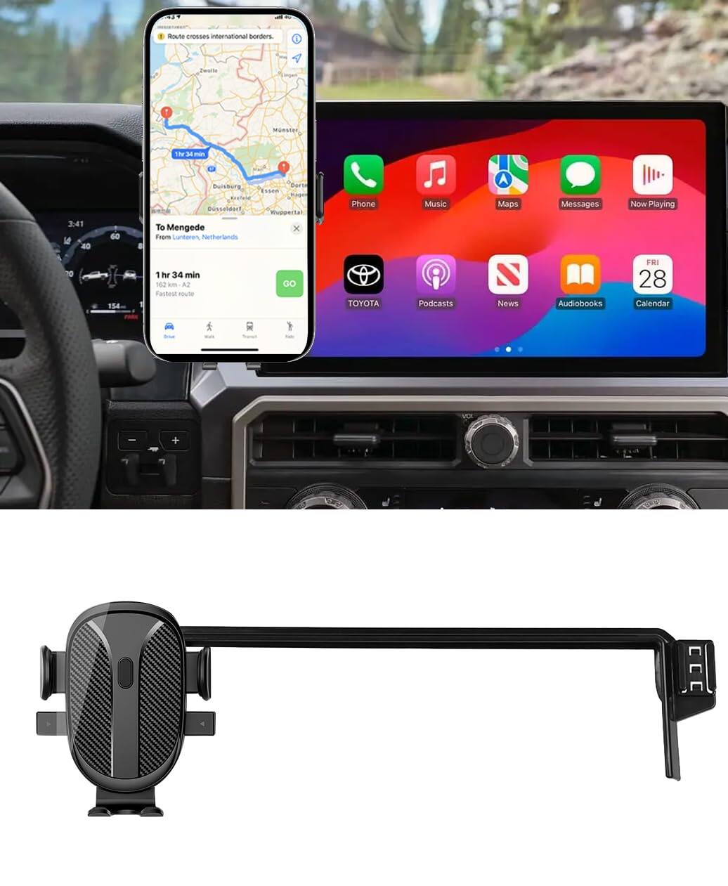 Route crosses international borders.

To Mengede  
From Lunteren, Netherlands

1 hr 34 min  
102 km, A2  
Fastest route

GO

Phone  
Music  
Maps  
Messages  
Now Playing  
TOYOTA  
Podcasts  
News  
Audiobooks  
Calendar

FRI 28