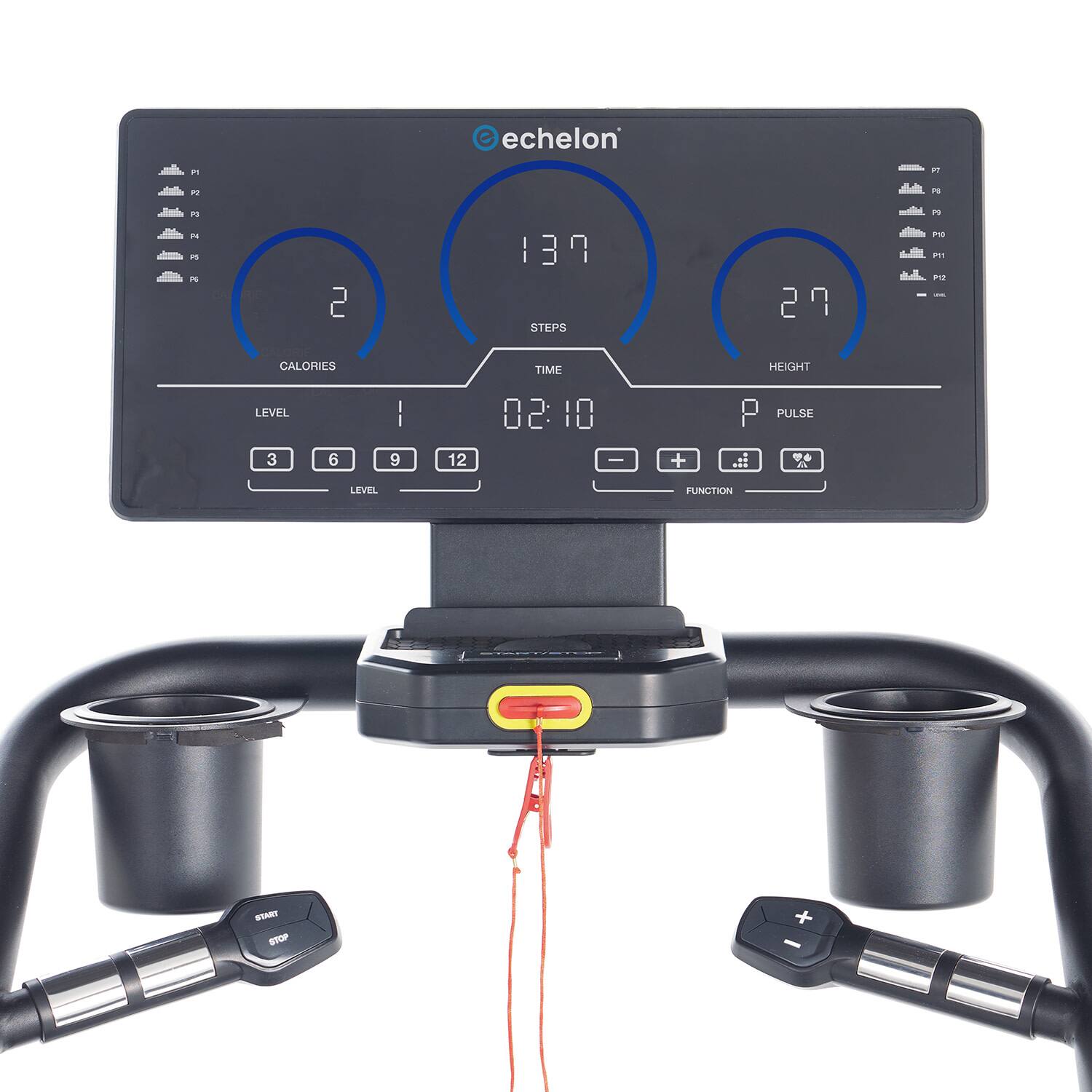 echelon

137 STEPS  
02:10 TIME  
27 HEIGHT  
2 CALORIES  
PULSE  

LEVEL 1  
3 6 9 12  

FUNCTION  
START STOP