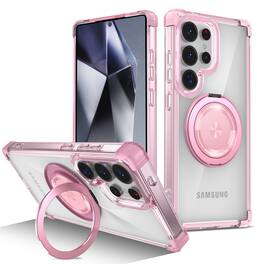 Dteck - Crystal Clear Magnetic Case for Samsung Galaxy S26 Ultra with Rotating Stand,Shockproof Anti-Yellow Transparent Cover - Pink