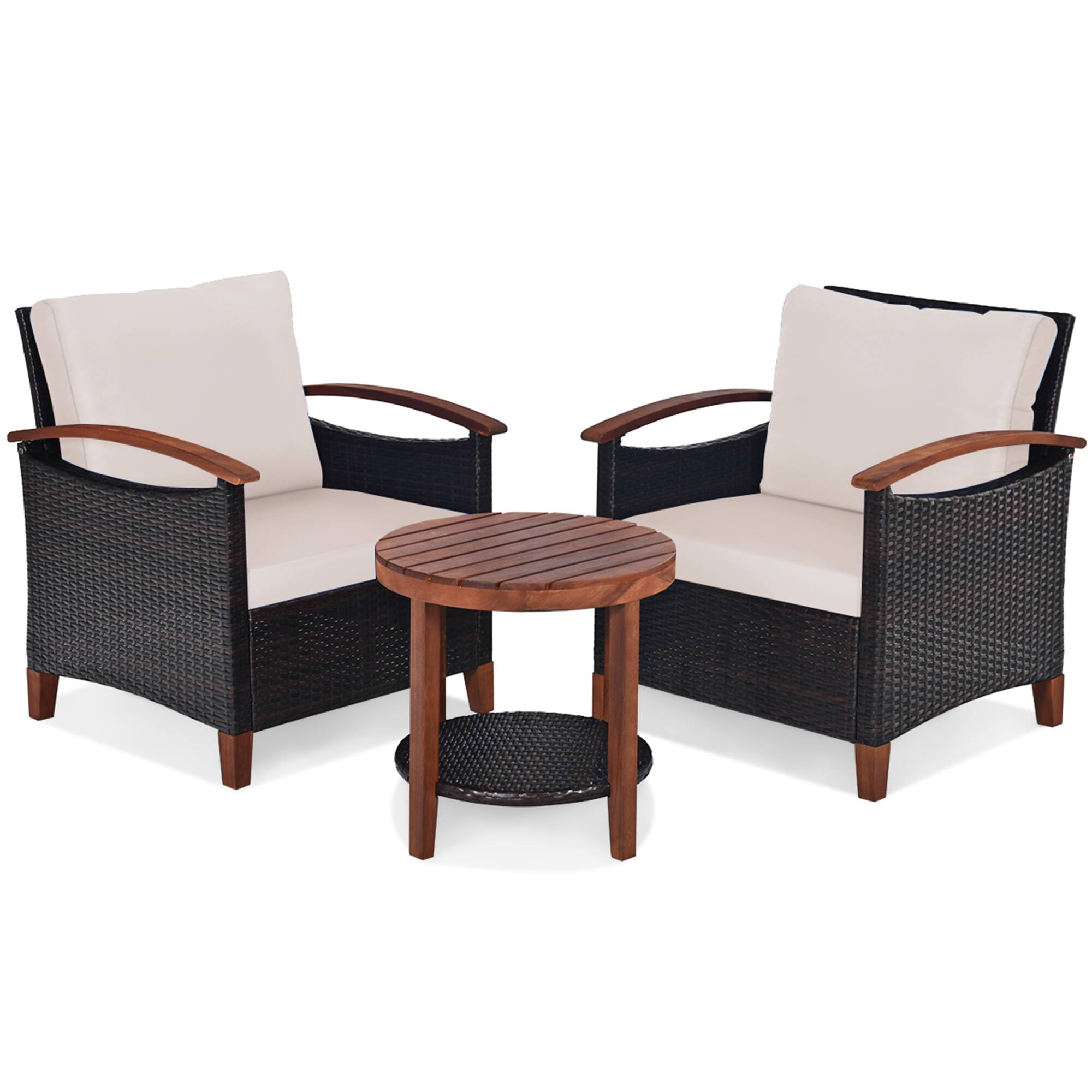 Alt View 1. Gymax - Gymax 3PCS Patio Wicker Rattan Conversation Set Outdoor Furniture Set w/ Beige Cushion - Beige.