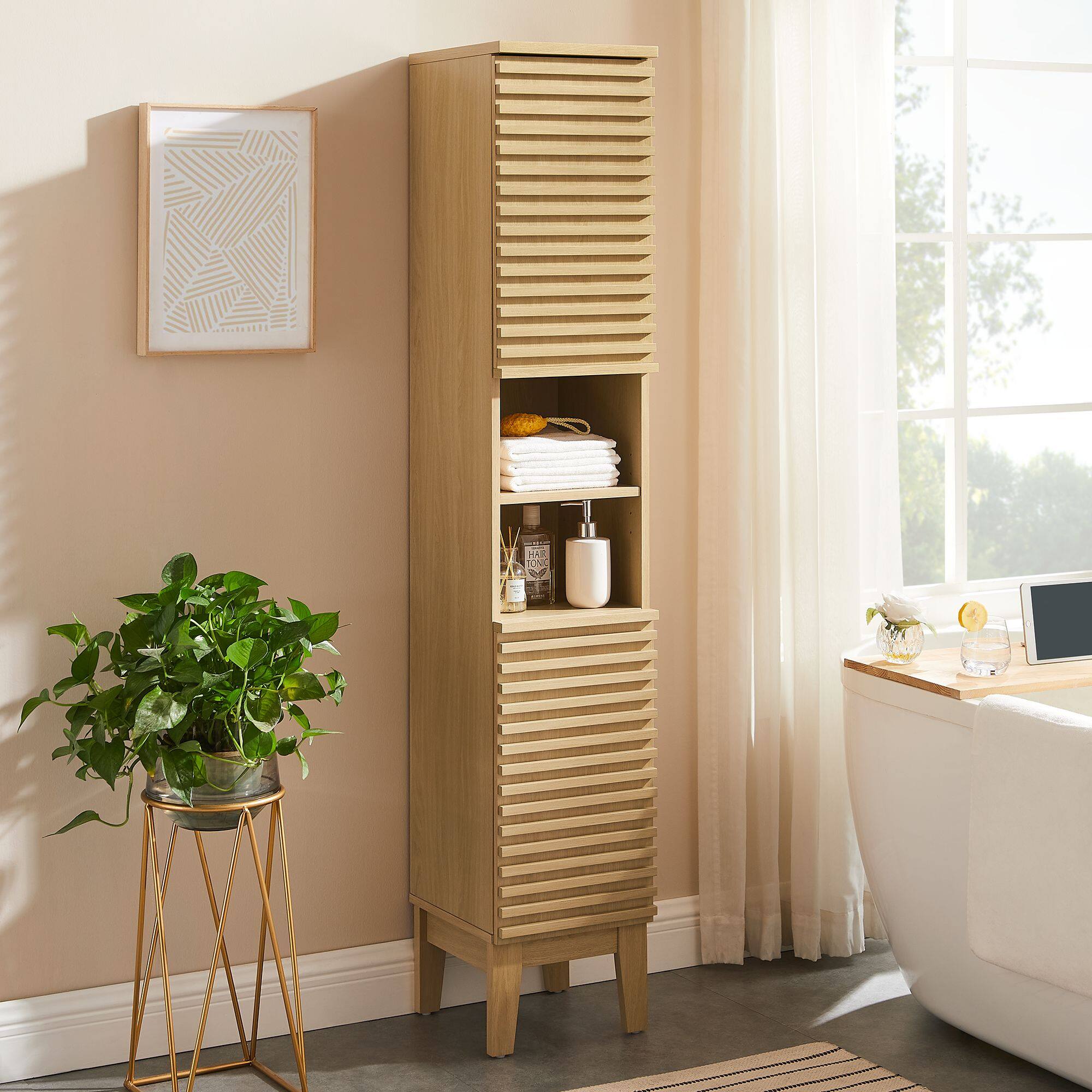 Alt View 1. Modway - Render Tall Narrow Bathroom Storage Cabinet by Modway - Oak.
