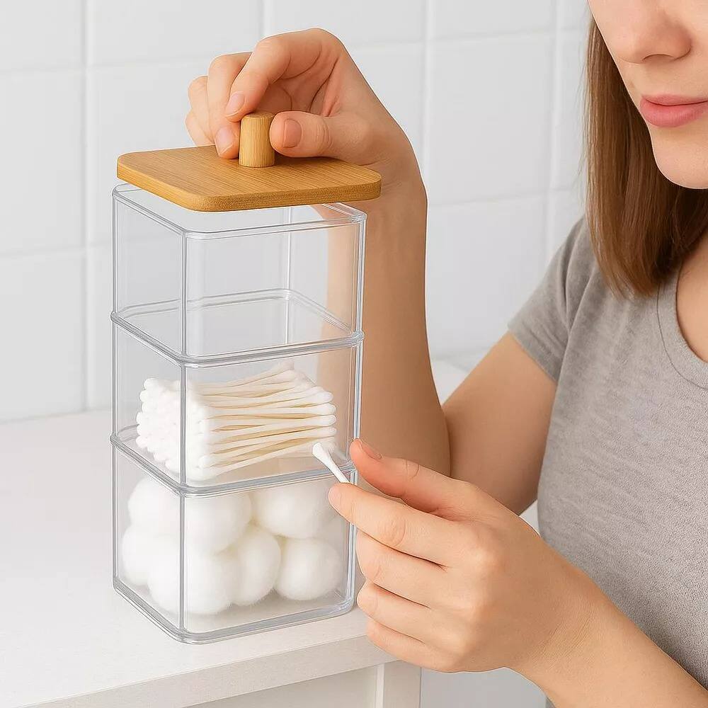 Left. Elle - Cotton Swab & Ball Holder with Bamboo Lid, 3 Tier Nonslip Acrylic Q-tip Dispenser & Jewelry Storage, Vanity Essentials - Clear/Natural Bamboo.