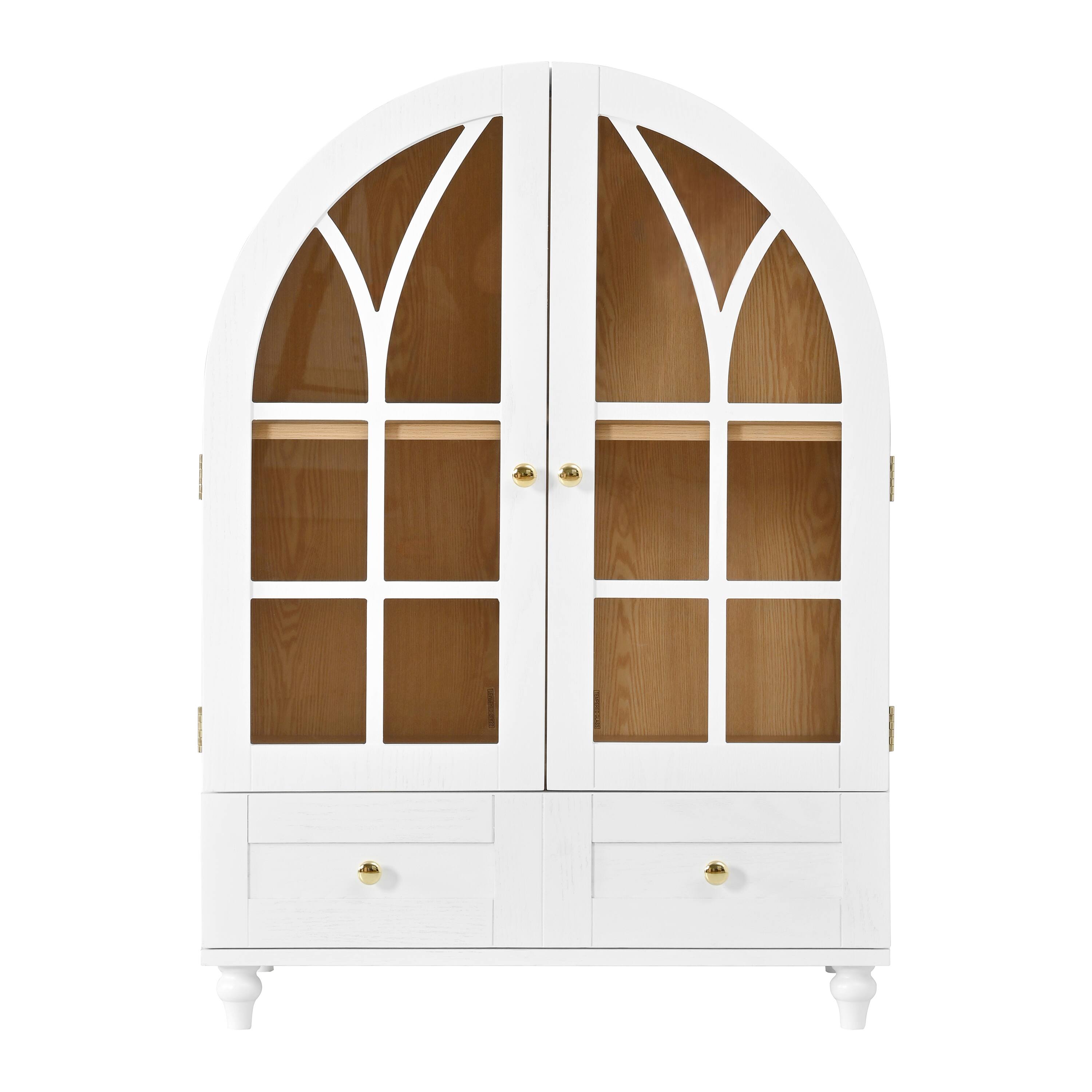 Alt View 1. Loheer - Loheer Arched Display Cabinet with Glass Doors, Wood Storage Accent Cabinet with Drawers for Living Room - Natural Wood Grain.