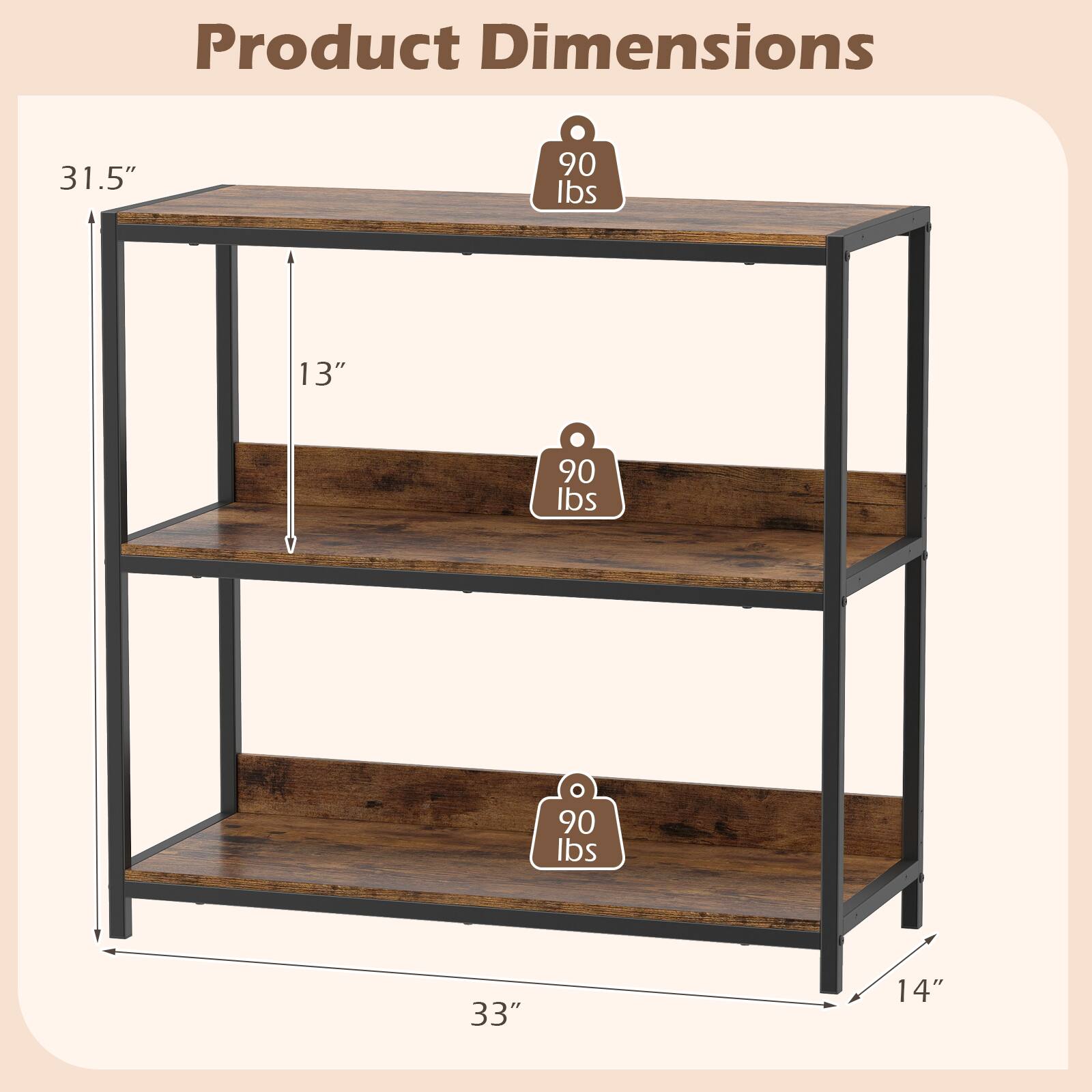 Product Dimensions

31.5"
13"
90 lbs
90 lbs
90 lbs
33"
14"