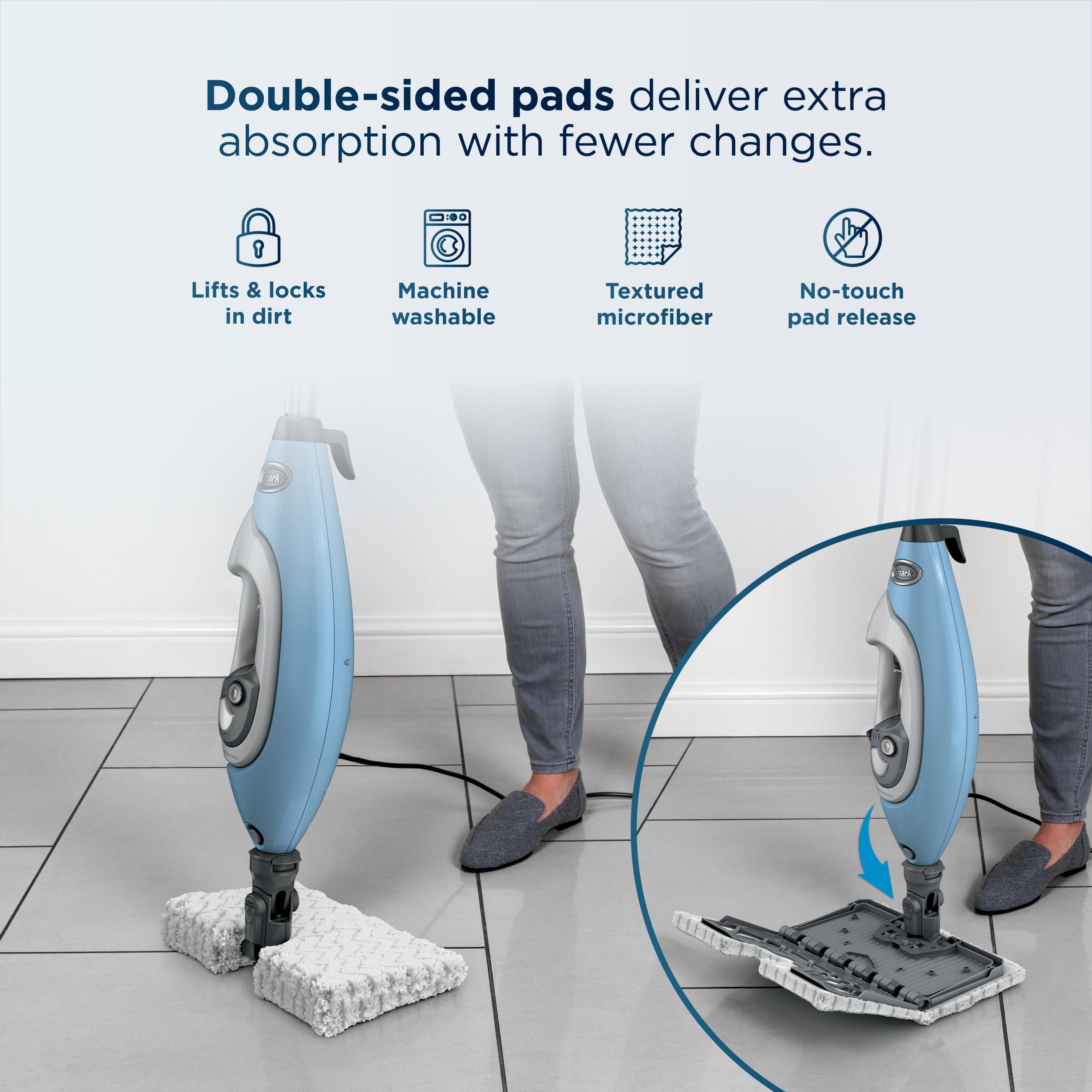 Double-sided pads deliver extra absorption with fewer changes.

- Lifts & locks in dirt
- Machine washable
- Textured microfiber
- No-touch pad release